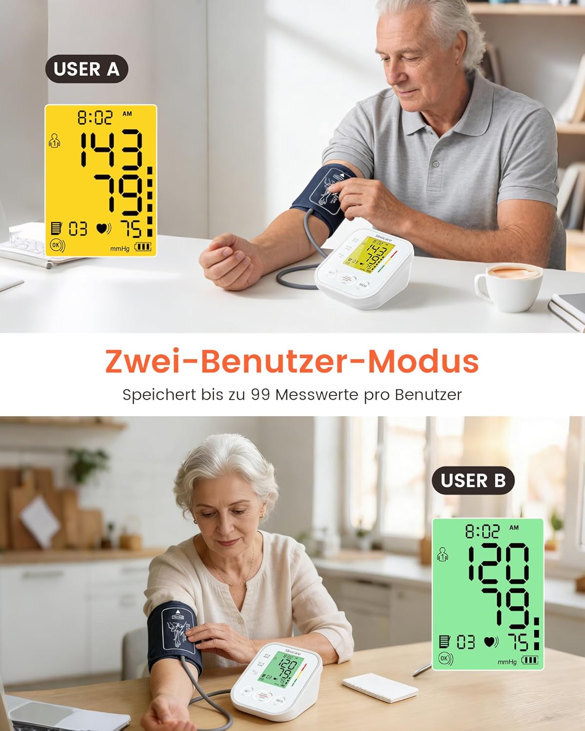 Blutdruckmessgerät Oberarm mit 4-Farben-Display mit Hintergrundbeleuchtung, Vollautomatisches Blutdruckmessgerät für Zuhause, Blutdruckmessgerät Große Manschette, sinocare Blutdruckmessgerät – Bild 5