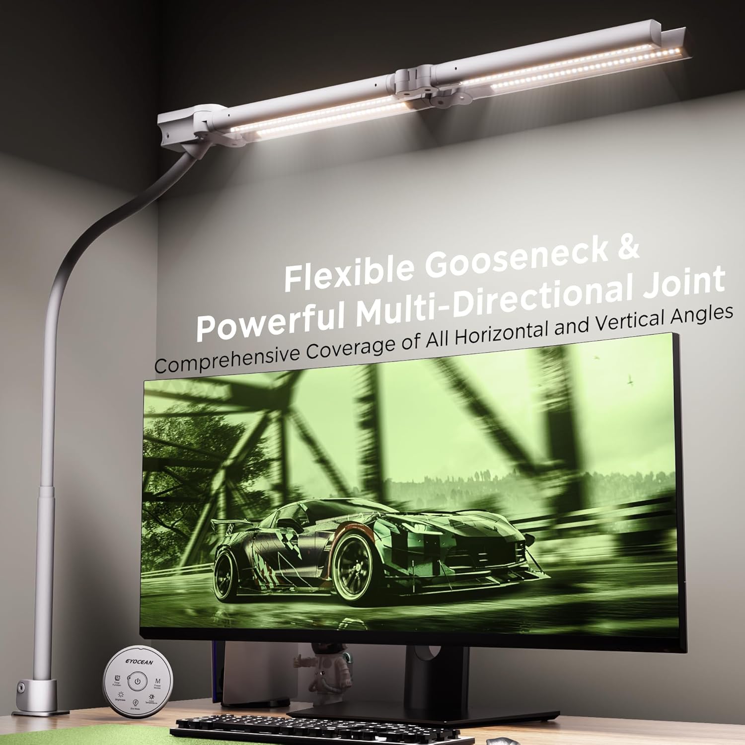EYOCEAN Schreibtischlampe, Schreibtischlampe mit 4 Lichtquellen, 24W 100 cm Tageslichtlampe Schreibtisch mit Fernbedienung, dimmbare Monitorlampe, Schwanenhals-Bürotischlampe, Augenschutz-PC-Lampe – Bild 5
