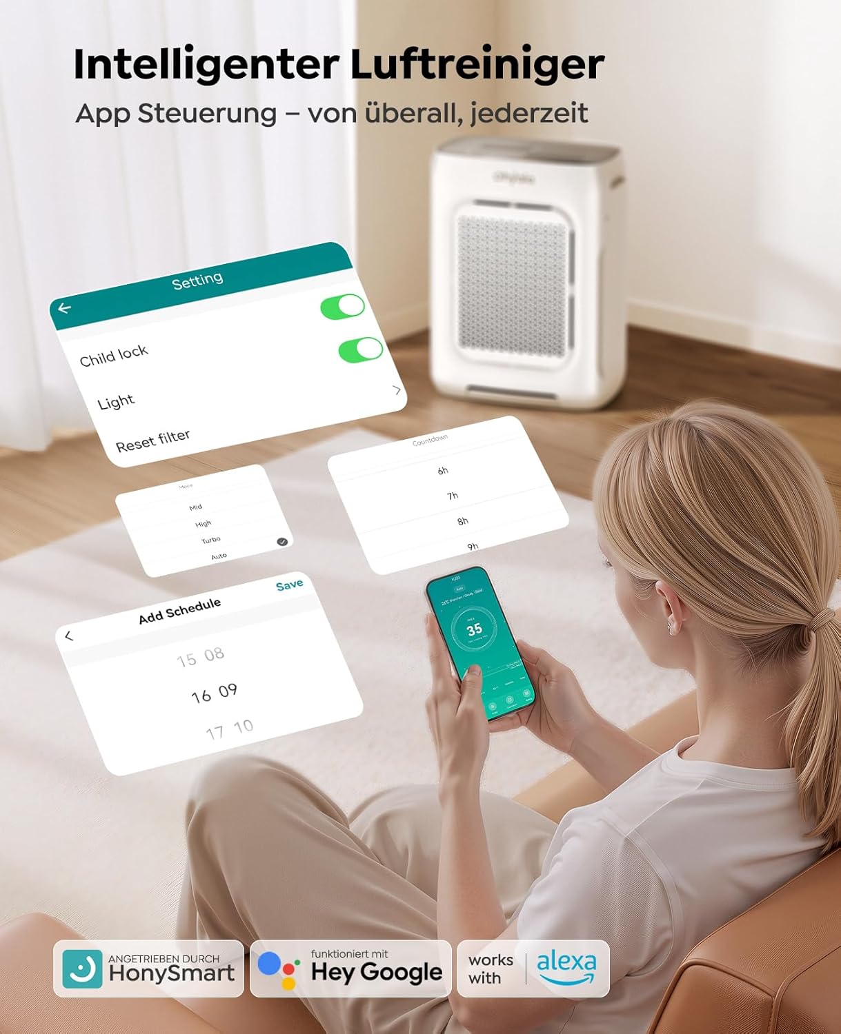 Luftreiniger für große Räume bis zu 3000 ft² (ca. 280 m²), waschbarer H13 HEPA-Doppelfilter, intelligenter WLAN-Luftqualitätsmonitor, ideal für Haustiere, Allergiker, Staub- und Pollenbekämpfer – Bild 5