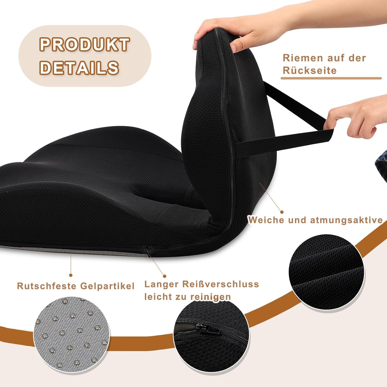 GOFORIT 2-in-1 Sitzkissen & Rückenstütze – Ergonomisches Set aus doppeltem Memory-Schaum, Lordosenstütze für Bürostuhl & Autositz, Druckentlastung am Steißbein, rutschfest & waschbar, (Schwarz) – Bild 5