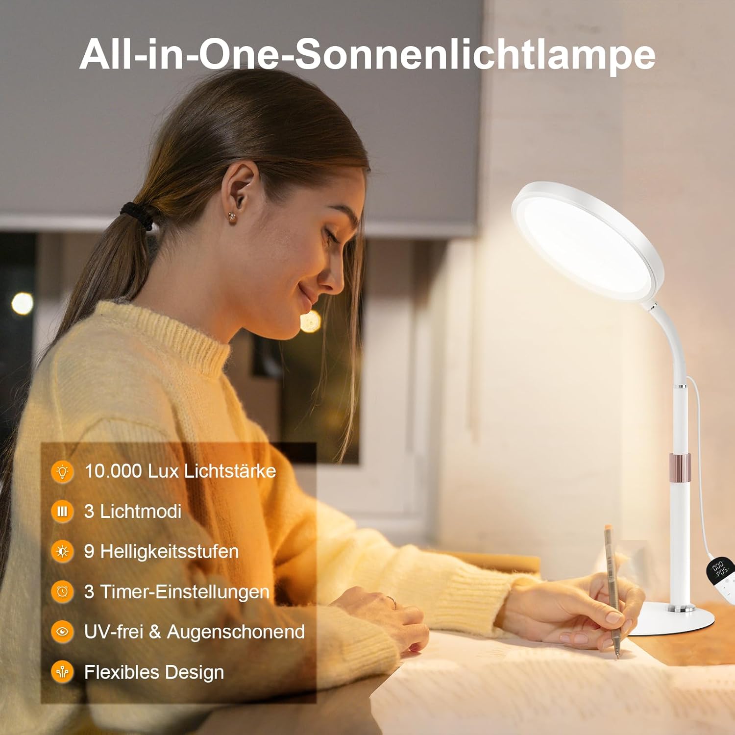 SAD Lamp – UV-freie Lichttherapielampe mit 10.000 Lux, 3 Farbtemperaturen, 9 Helligkeitsstufen & 15/30/45 Min. Timer – Tageslichtlampe zur Stimmungsaufhellung – Bild 5