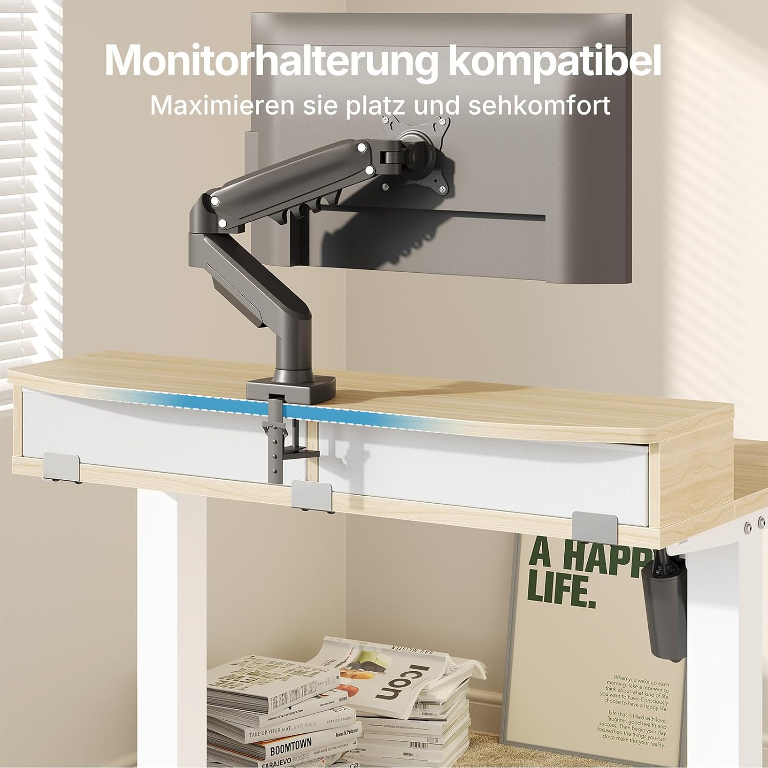 HUANUO Höhenverstellbarer Schreibtisch 80 x 53 cm mit Schubladen, kompatibler C-Klemmhalterung, Schreibtisch höhenverstellbar mit 4 Memory-Höheneinstellungen – Bild 7