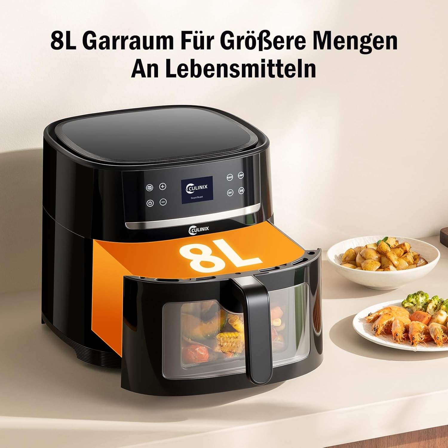 XXL Heißluftfritteuse 8L Heißluftfritteuse mit Kamera, Sichtfenster und Schüttelerinnerung, DIY-Funktionalität, einstellbare Temperatur & Timer, 30°C-200°C, Fritteuse ohne Öl, Schwarz – Bild 2
