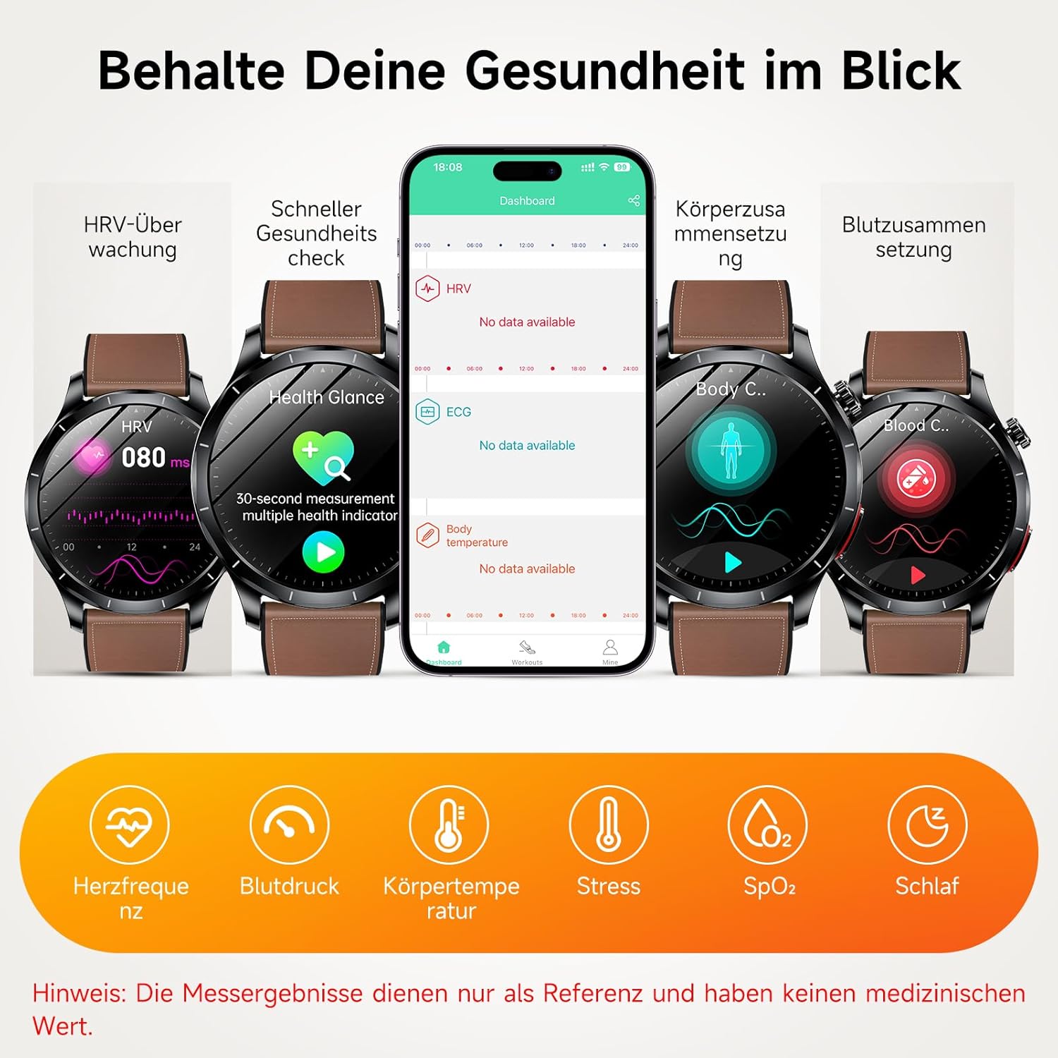 2026 Herren Smartwatch mit EKG/HRV/BMI/Harnsäure, 1,43 Zoll AMOLED Gesundheitsuhr mit 24H SpO2 Apnoe Schlafmonitor SOS Notruf Fitnessuhr Android/iOS (Braunes Leder) – Bild 3
