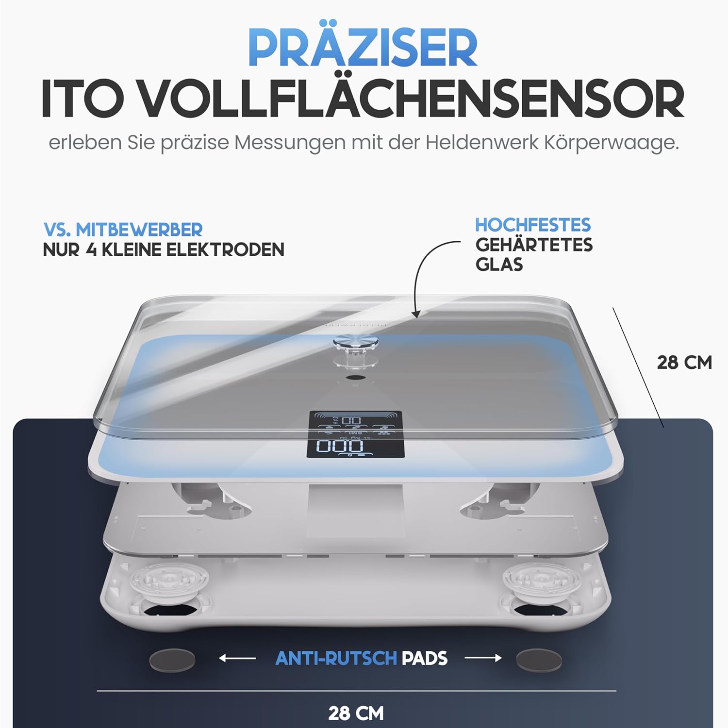 HELDENWERK Personenwaage Körperfettwaage Personen mit App & Vollflächensensor 180 kg / 400 lbs, Digitale Körperwaage, Bluetooth Körperanalysewaage für Körperfett, BMI, Muskelmasse, Protein, BMR – Bild 2