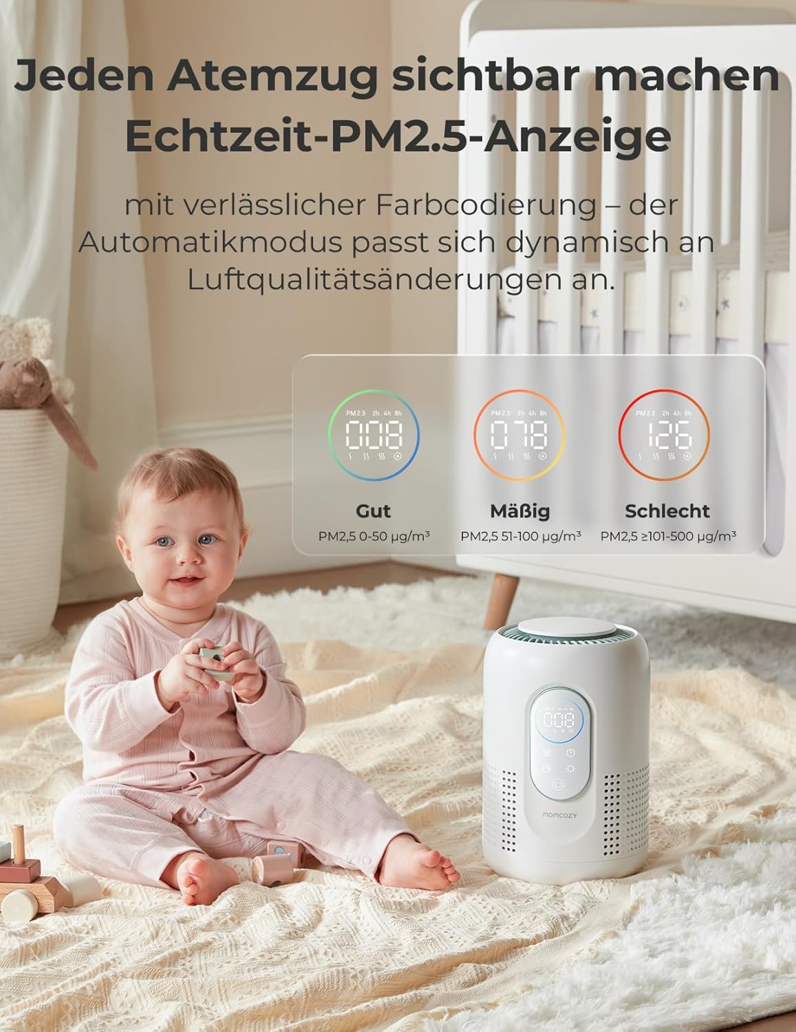 Momcozy Kinderzimmer-Luftreiniger, 4-Filtersystem mit H13-HEPA- und Aktivkohlefilter, PM2,5-Luftqualitätsüberwachung und -Anzeige in Echtzeit mit 3-Farben-Status, 21 dB Schlafmodus – Bild 3