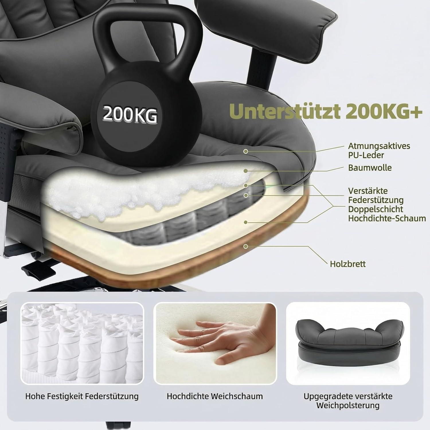 Efomao Bürostuhl, Ergonomischer Gaming-Stuhl mit Kopfstützen-Design (XX), Gamer-Stuhl PU-Leder bis 200 kg mit Fußstütze und Lendenkissen, höhenverstellbarer Schreibtischstuhl – Bild 8