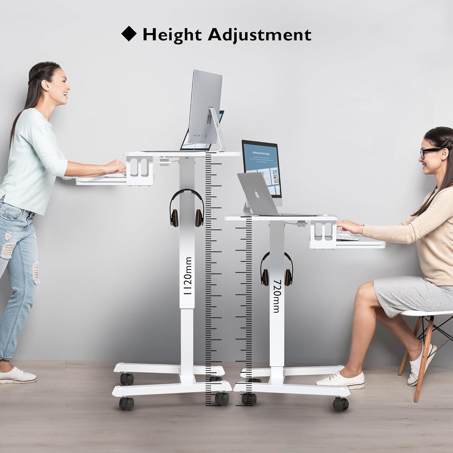BONTEC Schreibtisch höhenverstellbar mit Tastaturablage, mobiles Podium, Computerarbeitsplatz bis 15 kg, Laptopsitz oder Stehpult auf Rollen, höhenverstellbarer Stehschreibtisch, weiß – Bild 3