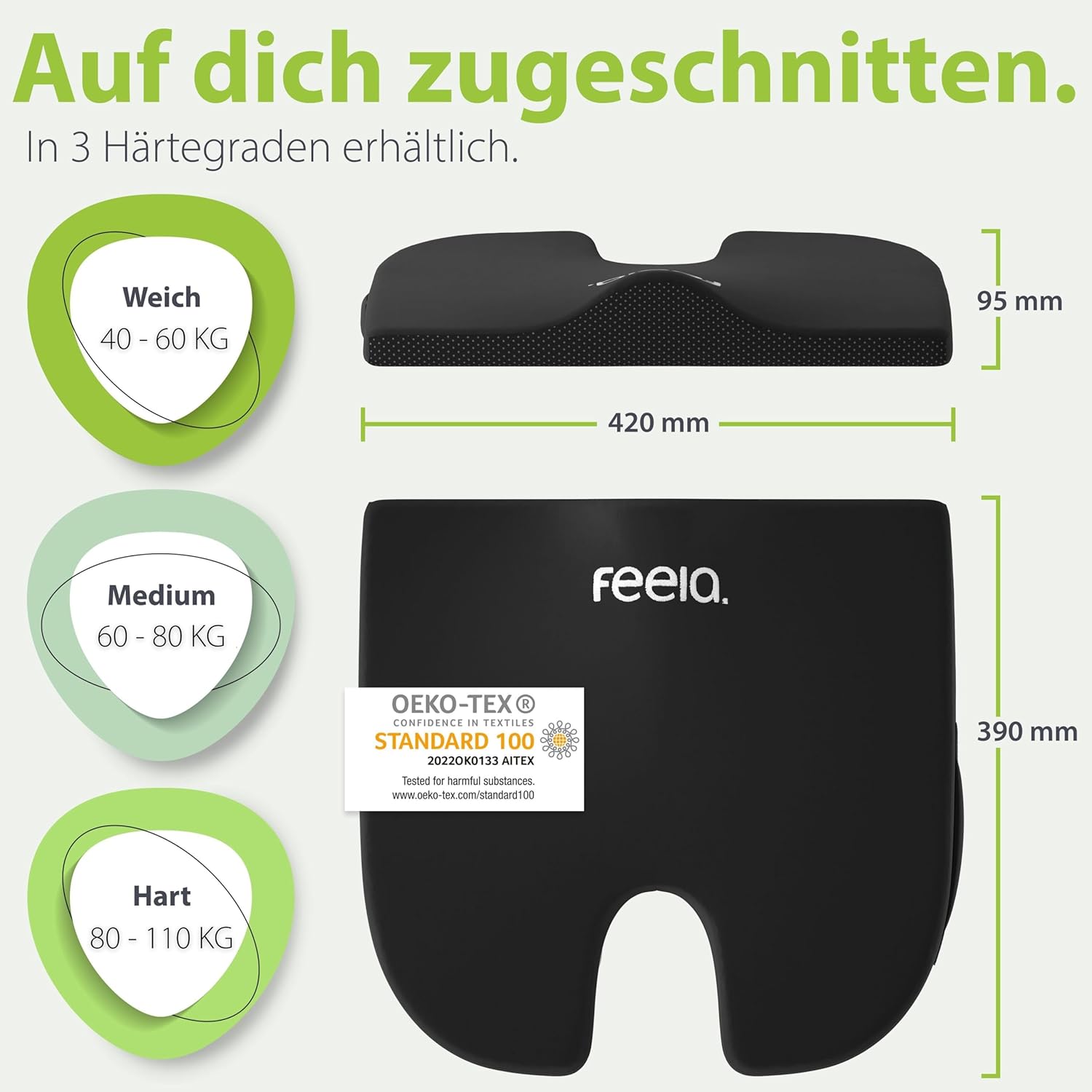 Feela. Orthopädisches Keilkissen (3 Härtegrade) – Haltungskorrektur aus Memory-Schaum für mehr Sitzkomfort und Linderung von Ischias – ideales Sitzkissen für Stuhl für Büro und Sofa (mittel) – Bild 4