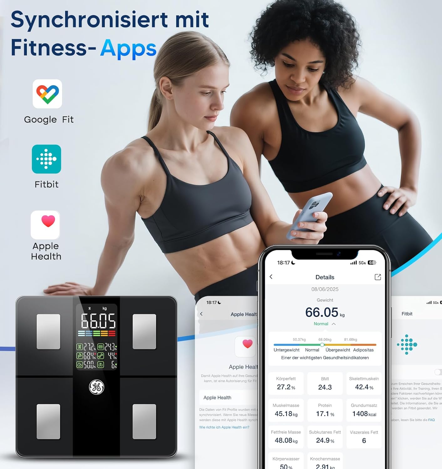 GE Digitale Körperfettwaage mit großem Display, intelligente Waage mit Körperfett und Muskelmasse mit App, 14 Körpermessungen, BMI, Bluetooth-Personenwaage bis 180 kg/400 lb – Bild 6