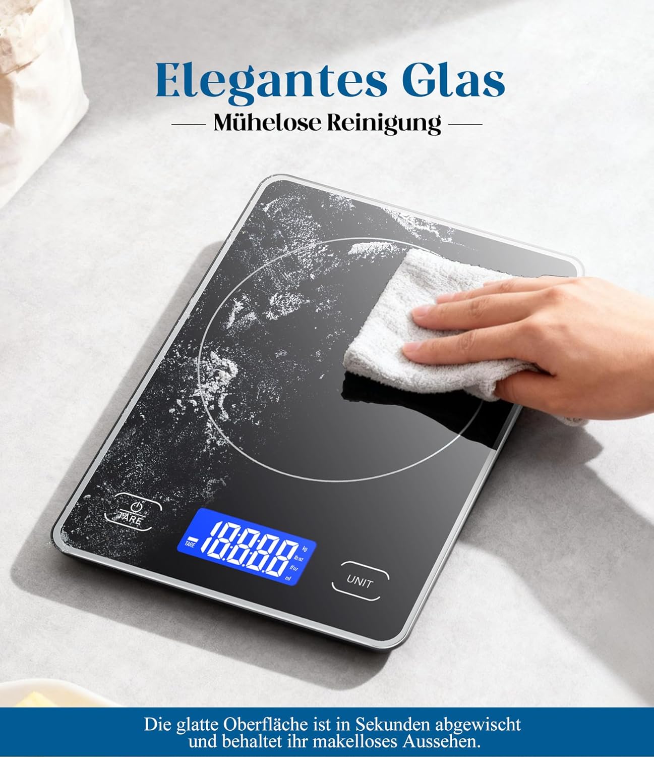 Digitale Küchenwaage mit 15 kg Tragkraft, 5 Einheiten in g/ml/fl'oz, Präzise Küchenwaage mit großem Display, Dual Power (USB-C/Batterie), 1 g hohe Präzision, Tara-Sicherheitsglas zum Backen, Kochen – Bild 7