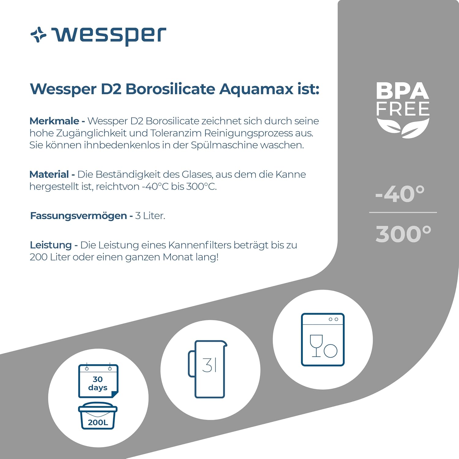 Wessper Wasserfilterkrug Glas 3 L, Set Wasserkrug und 2 Filterkartuschen, kompatibel mit Brita Maxtra, Wasserkaraffe für Trinkwasser mit Ersatzfilter, Schwarz – Bild 4