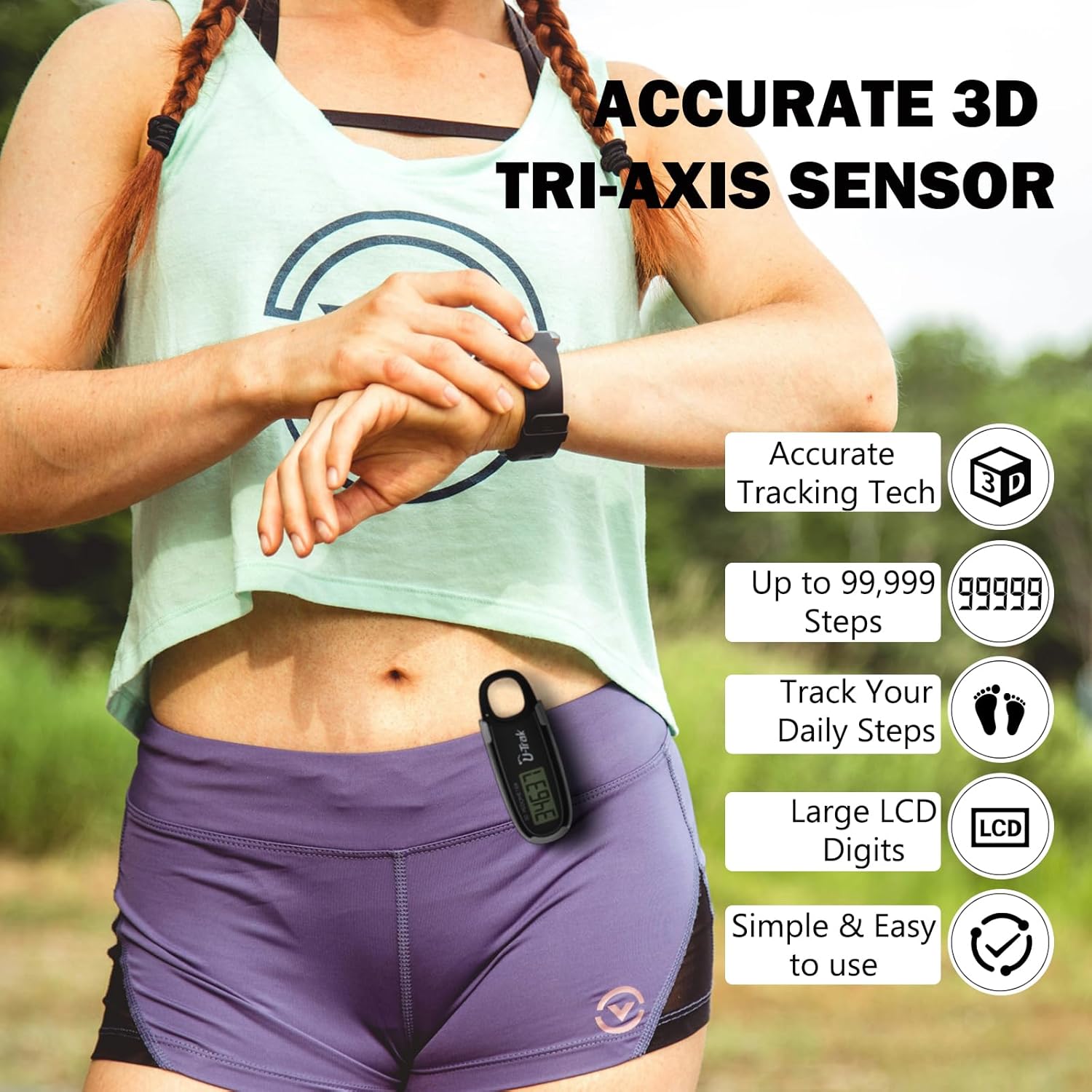 3D-Schrittzähler zum Gehen mit abnehmbarem Clip und Karabiner, einfacher Schrittzähler zum Gehen, präziser Clip-on-Schritt-Tracker für Männer, Frauen, Kinder – Bild 3