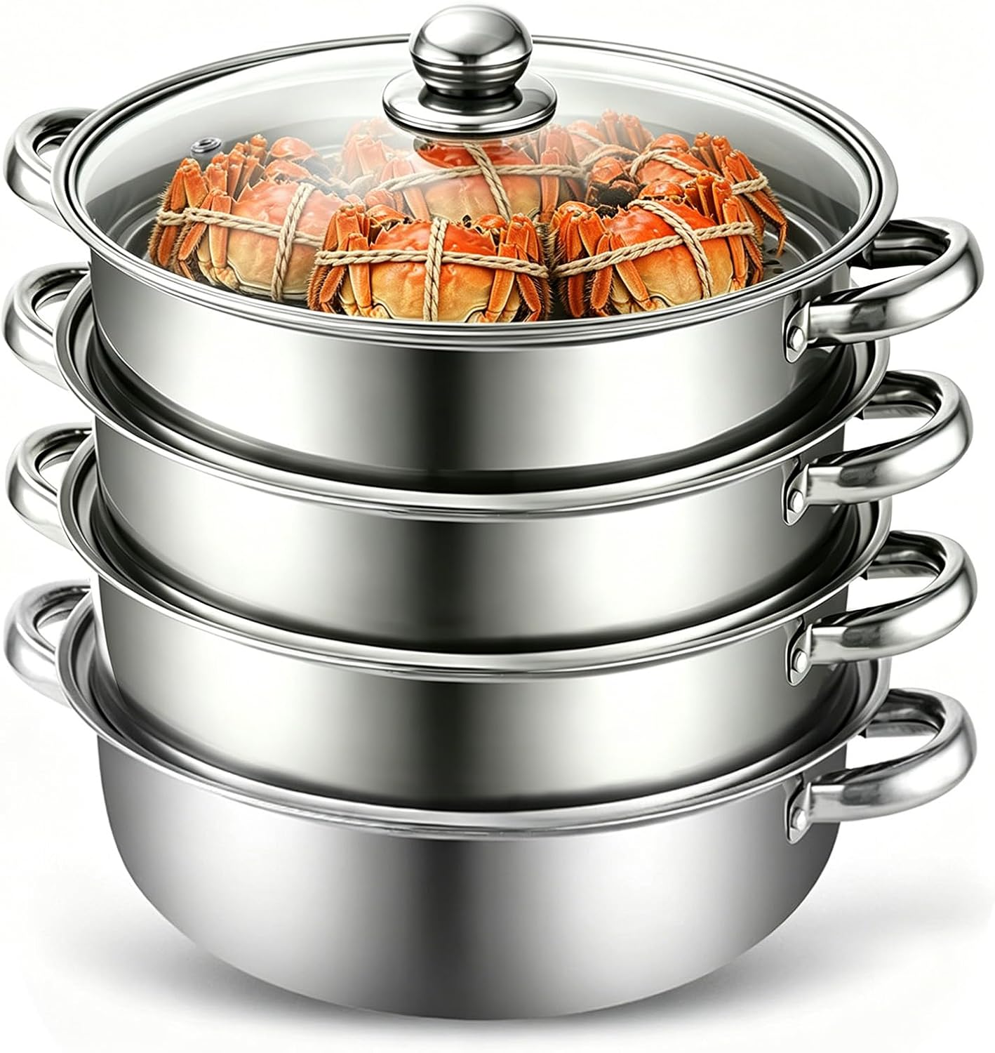 MeYuxg Dampfgarer zum Kochen,28cm Edelstahl Dampfkocher mit Dämpfeinsatz & Glasdeckel,3/4 Lagiger Dampfgarer TopfInduktionsgeeignet für Gemüse, Meeresfrüchte, Suppen, Nudeln,Fisch (Vier)