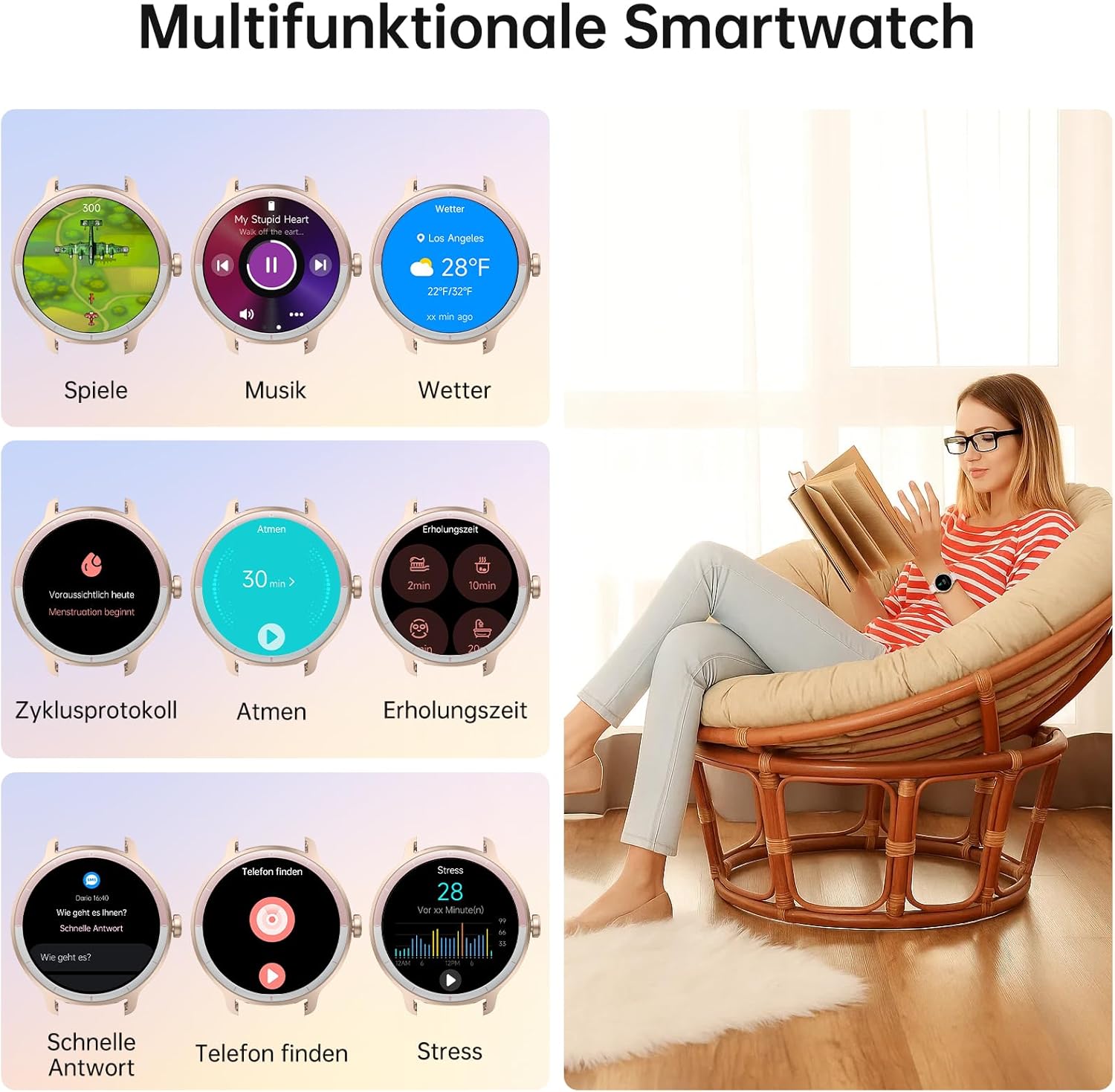 Smartwatch Damen Herren – 1,27 Zoll Smartwatch mit Bluetooth-Anrufen, WhatsApp/App-Benachrichtigungen, Herzfrequenz, Schlafüberwachung, 120+ Sportmodi, IP68 wasserdicht – Fitnessuhr kompatibel mit iOS Android – Bild 6
