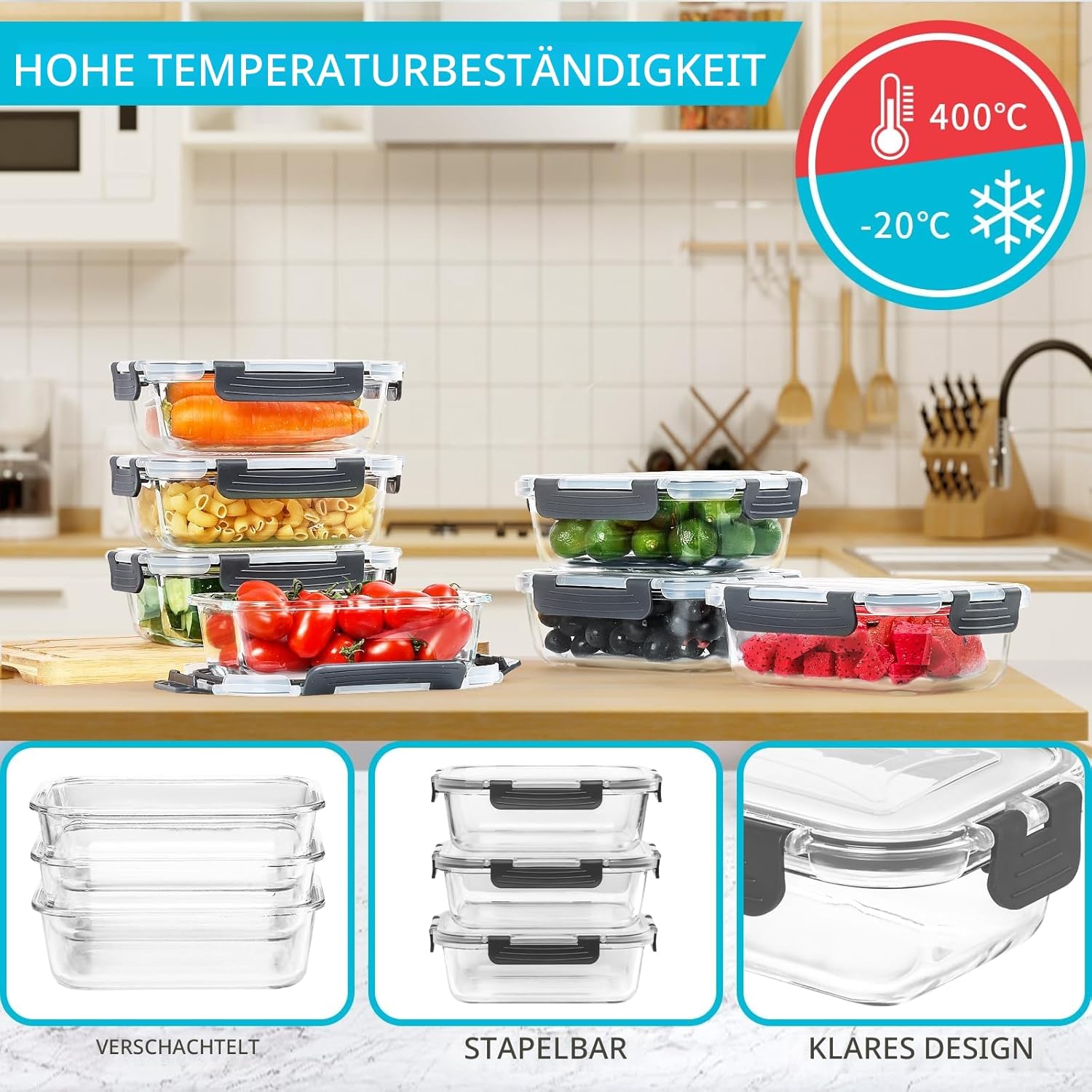 Skroam Frischhaltedosen aus Glas, 20 Stück, 640 ml (10 Behälter + 10 Deckel) – Meal-Prep-Boxen für Lebensmittel – transparente Deckel – für die Küche zu Hause oder im Restaurant – Bild 4
