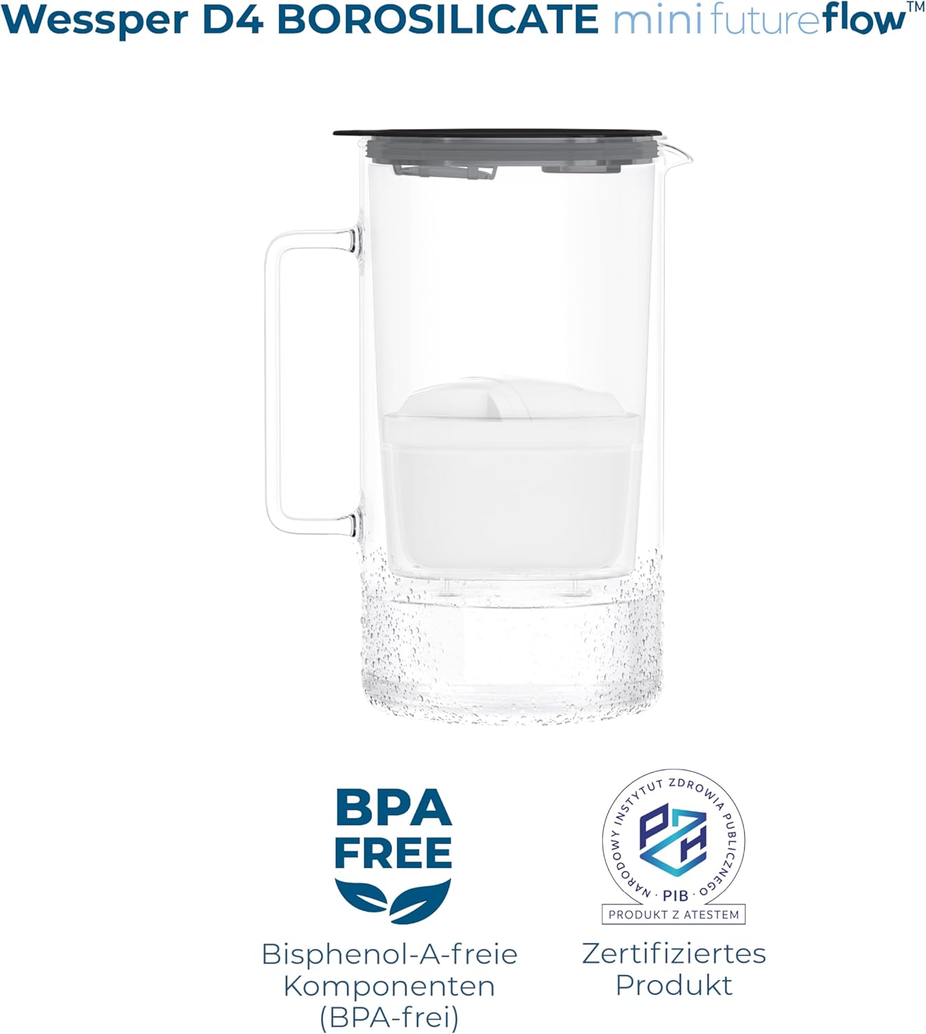 Wessper Wasserfilterkanne mit LED-Anzeige, 2 Liter, Glaskaraffe, kompakte Wasserkanne mit 2er-Kartuschen-Set, Aktivkohlefilter, BPA-frei, schwarz – Bild 4