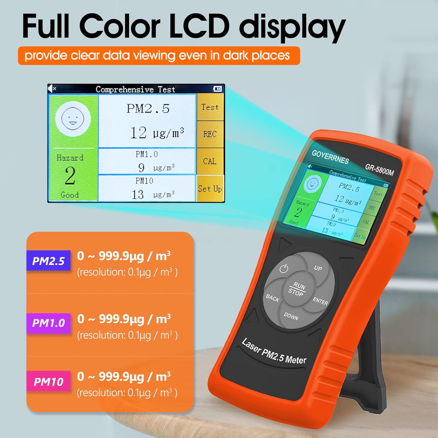 Luftqualitätsdetektor, GR-5800M Schadstoffdetektor PM2,5, PM1,0, PM10 Innenluftpartikelmessgerät, digitaler LCD-Luftqualitätssensoranalysator mit Echtzeit, Datensatz, geeignet für das Heimbüro – Bild 2