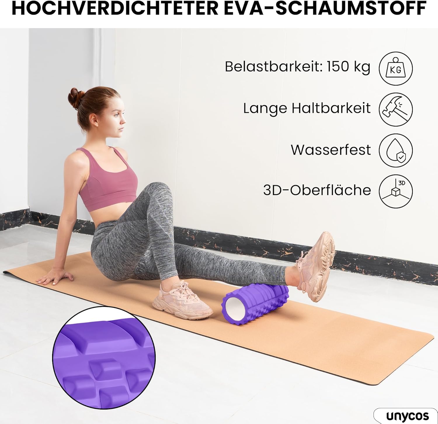 unycos - Faszienrolle (33 x 14 cm), Fitnessrolle mit 3D-Texturmassage und 50 Übungen E-Book, Hartschaumrolle zur Selbstmassage, belastbar bis 130 kg, Massagerolle für funktionelles Training (Lila) – Bild 6
