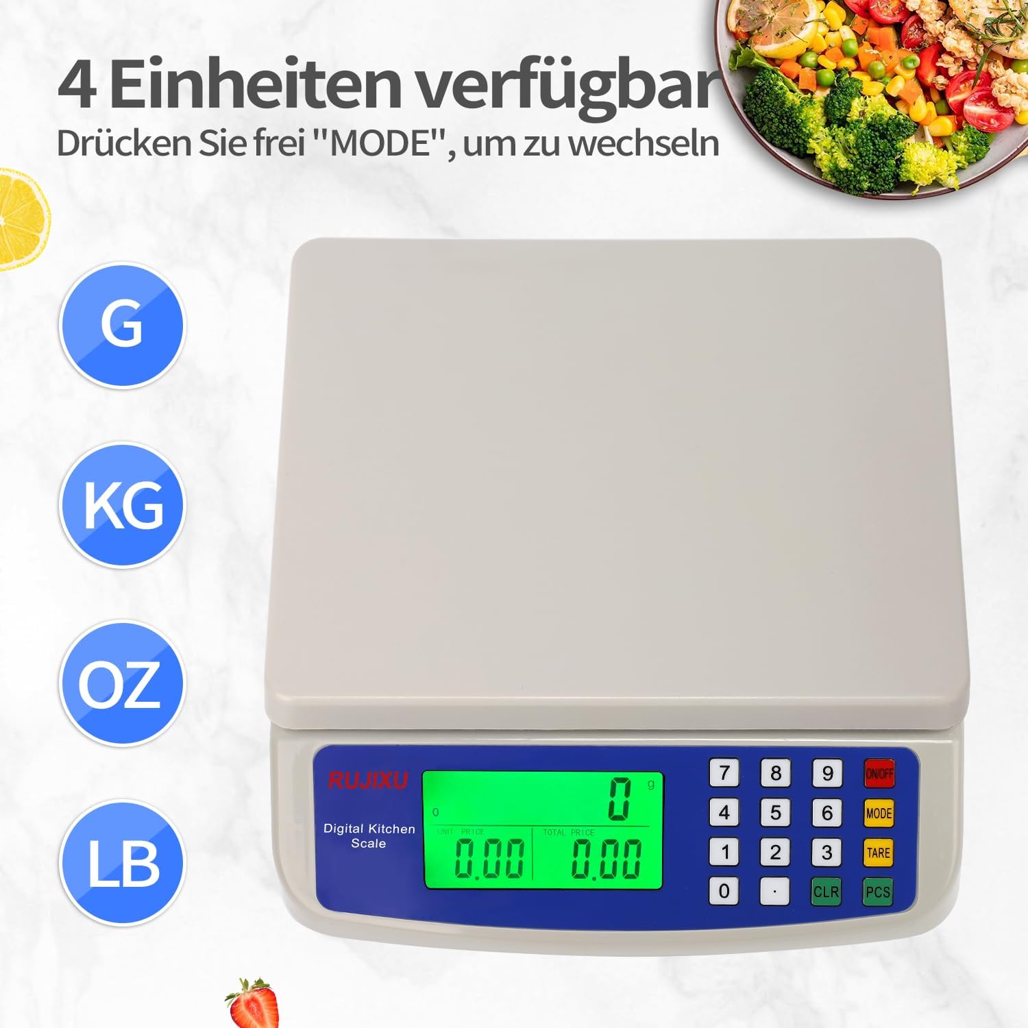 Digitale Waage bis 30 kg, große Küchenwaage, Obstwaage mit LCD-Display und Tara-Funktion, digitale Waage mit PCS-Zählwaage, 3-Einheiten-Umrechnung – Bild 2