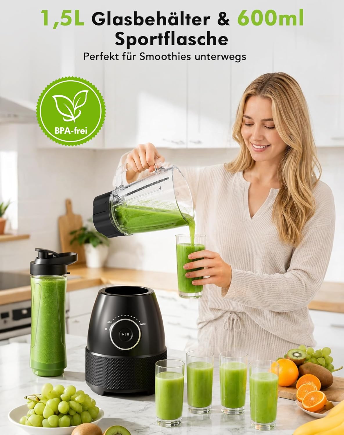 Mixer, Smoothie Maker, Standmixer, 1500 Watt High Speed Mixer Smoothie Maker mit 1,5 L Glasbehälter, 600 ml Flaschen, BPA-freies Tritan, einstellbare Geschwindigkeit für Smoothies, Mixen – Bild 5