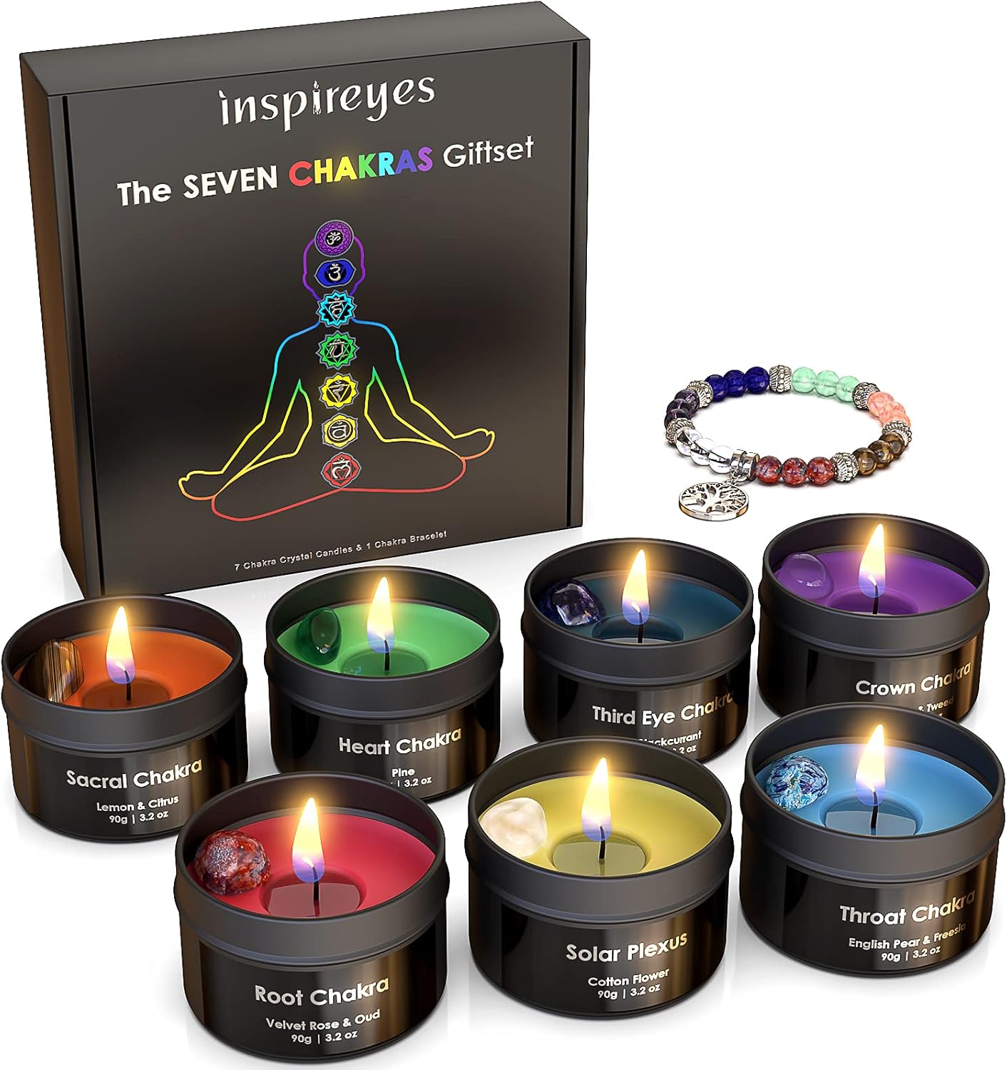 Inspireyes Chakra-Kerze mit Premium-Kristall und Heilsteinen, Meditations-Duftkerzen, Geschenkset für Frauen, Stressabbau, spirituelle Dekoration, Yoga, Aromatherapie, 7er-Set, Schwarz