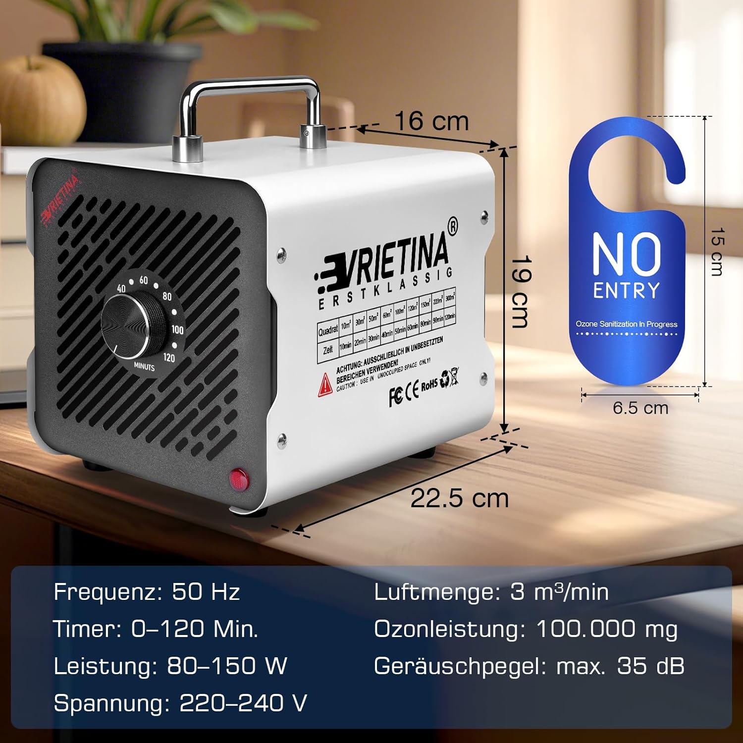 Ozongenerator O3 100.000 mg/h, industrielles Ozongerät für 300㎡ (120-Minuten-Timer 35 dB, 3 m³/min, 80–150 W), Ozonisator O3, Ozon-Luftreiniger, Geruchsbeseitiger für Autorauch, Zuhause, Hotel, Küche, Haustiergerüche – Bild 6