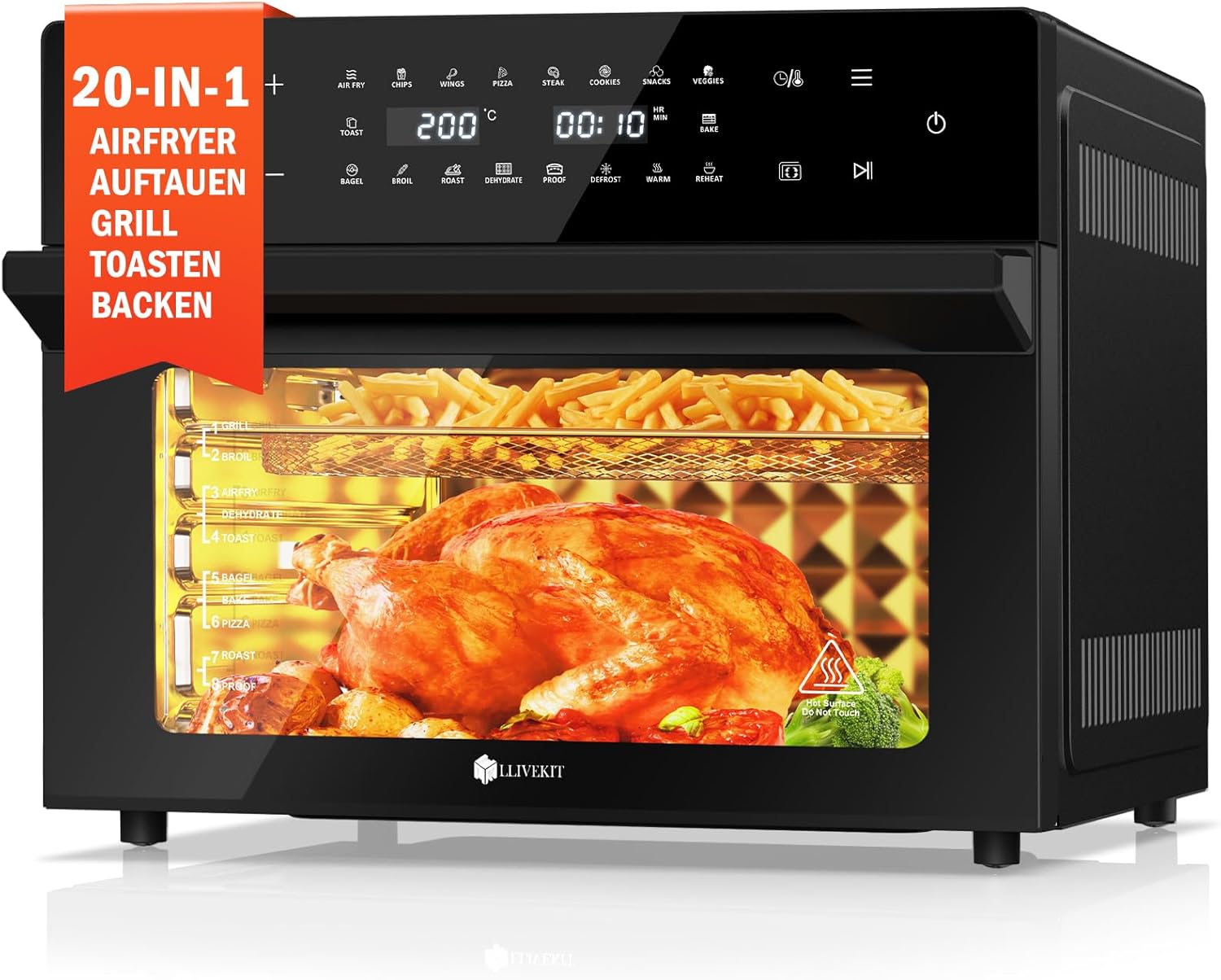 LLIVEKIT 30 L XXL Heißluftfritteuse, Mini-Ofen Konvektionsluft mit 20 Programmen und 9 Zubehörteilen, Mini-Ofen mit LED-Touchscreen, Airfryer-Ofen ohne Öl mit Sichtfenster, zwei Kochmodi, Rezeptbuch, 80 °C – 230 °C