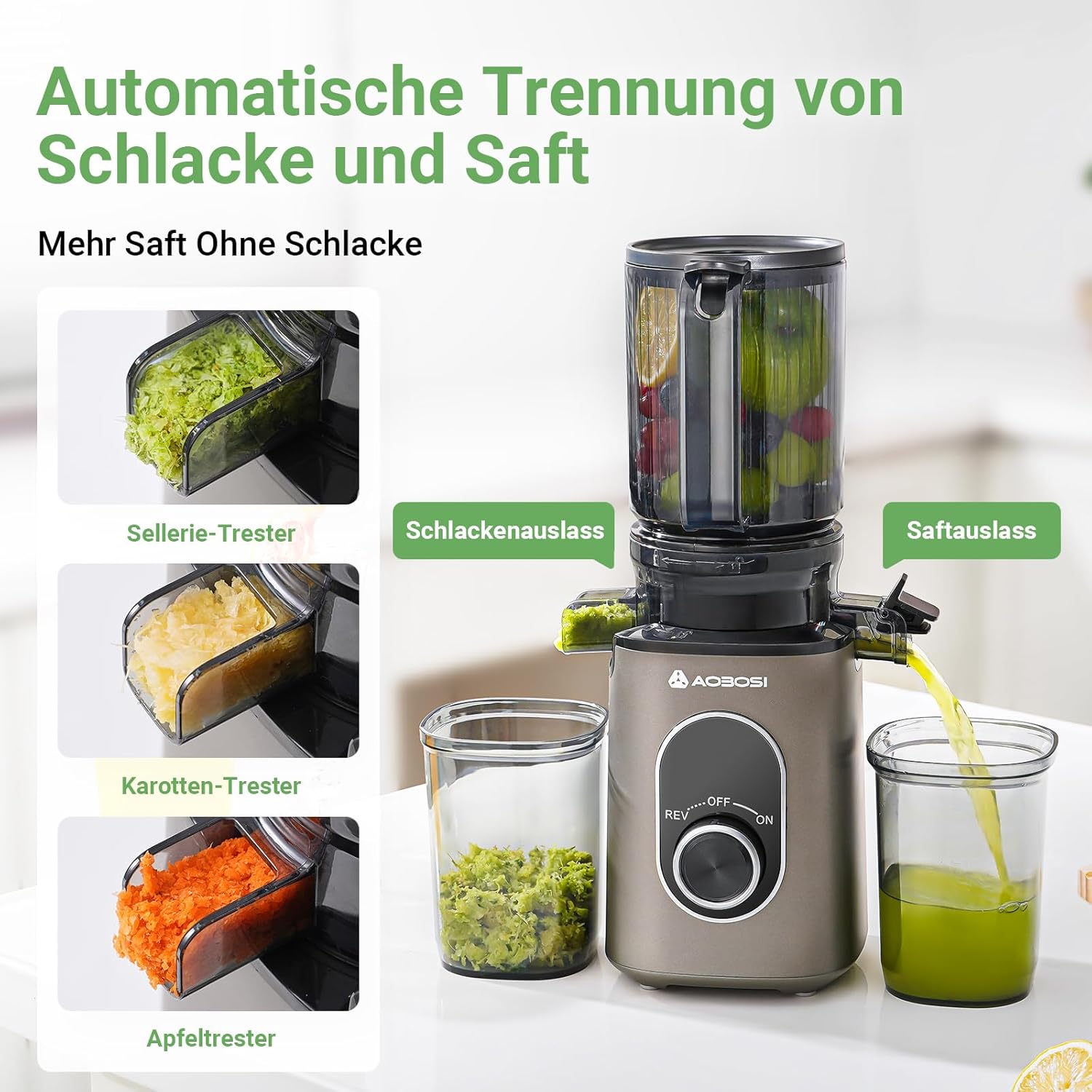 AAOBOSI SlowJuicer für Gemüse und Obst, hohe Saftausbeute, elektrischer Entsafter mit Umkehrfunktion, leicht zu reinigen, BPA-frei – Bild 5