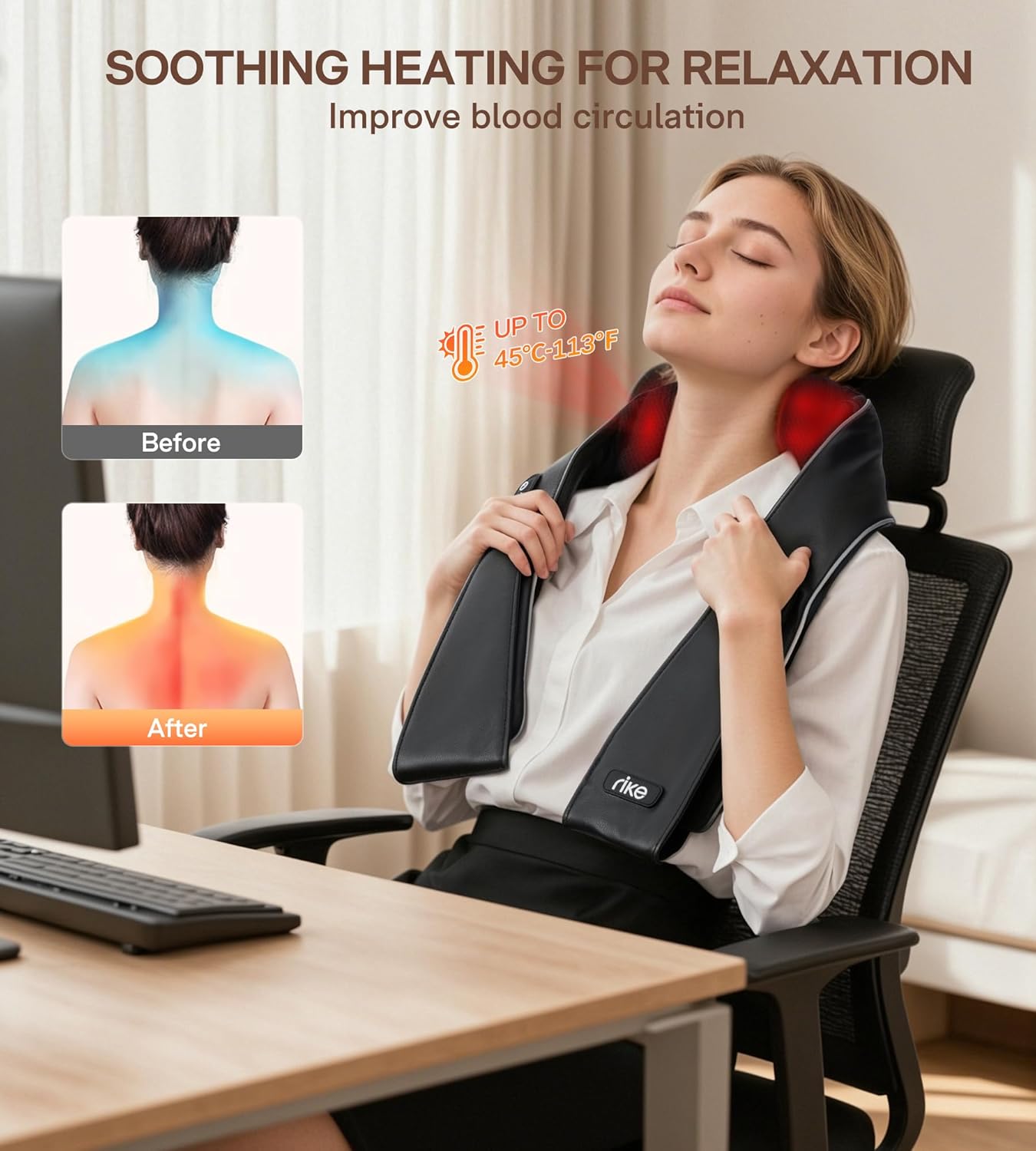 Nackenmassagegerät mit Wärme, Shiatsu-Schultermassagegerät für Nacken und Rücken, 3 Intensitäten, bidirektionale Rotation, Entspannungsgeschenke für Damen und Herren, Zuhause, Büro – Bild 3