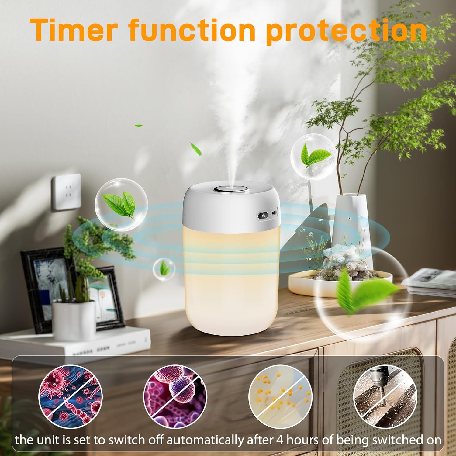 kissleaf 650 ml Mini-Luftbefeuchter für Schlafzimmer/Kinderzimmer/Pflanzen, 8H lange Laufzeit, 28 dB lautloser Luftbefeuchter, Typ-C-Akku, elektrischer Raumbefeuchter (warmes Licht) – Bild 5
