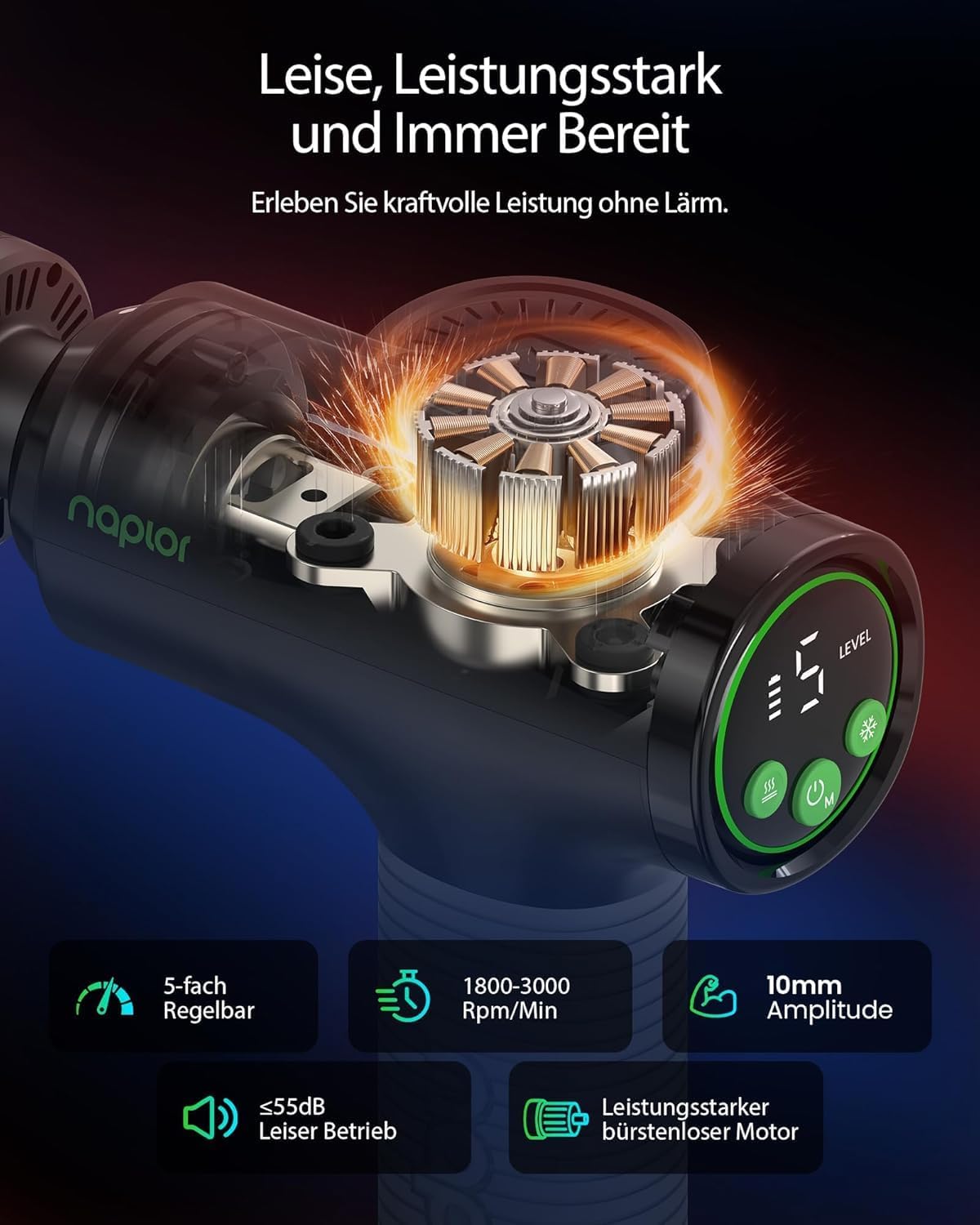 Massagepistole mit Wärme und Kälte, Naplor Massagepistole Muskel-Percussion-Massagegerät 10 mm für tiefe Gewebeentspannung, LCD-Display, 5 Köpfe & 5 Ebenen, für Nacken, Rücken, Schulter, inklusive Tasche – Bild 7