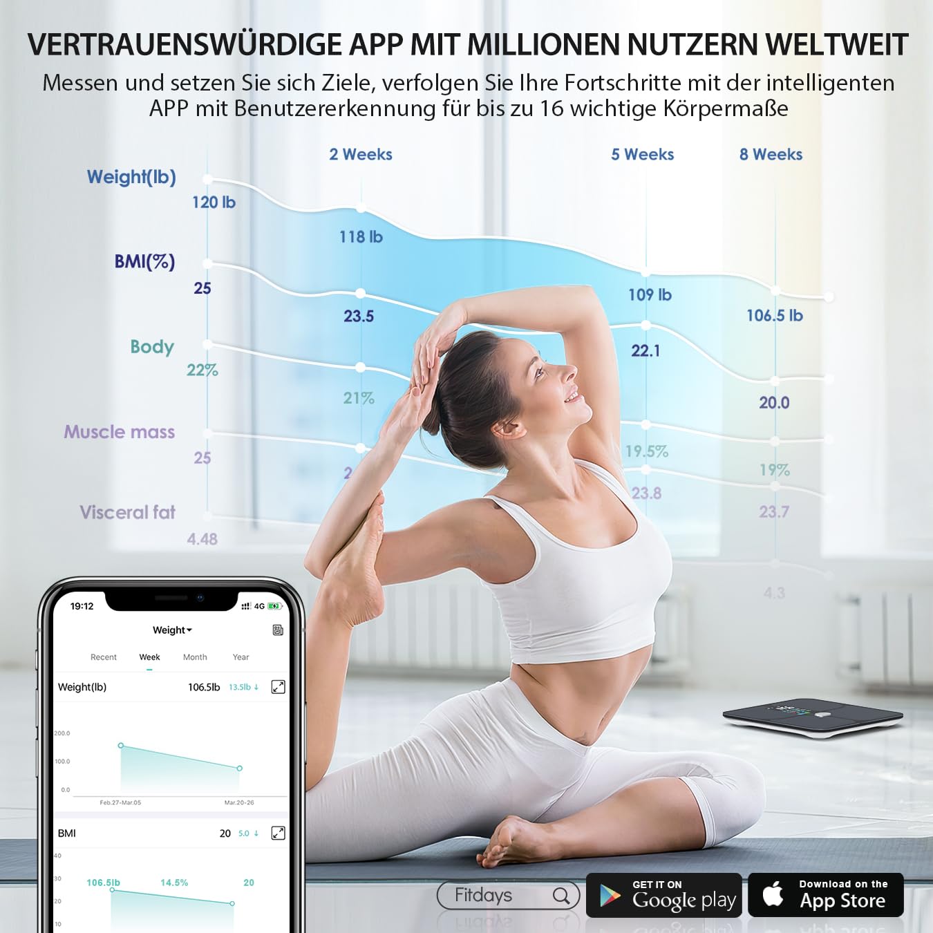 ABLEGRID Wiederaufladbare Körperfettwaage, LED-Digital-Personenwaage mit Körperfett und Muskelmasse, Körperfettanalyse, 16 Messungen der Körperzusammensetzung, BMI, Herzfrequenz, 180 kg, Schwarz – Bild 4