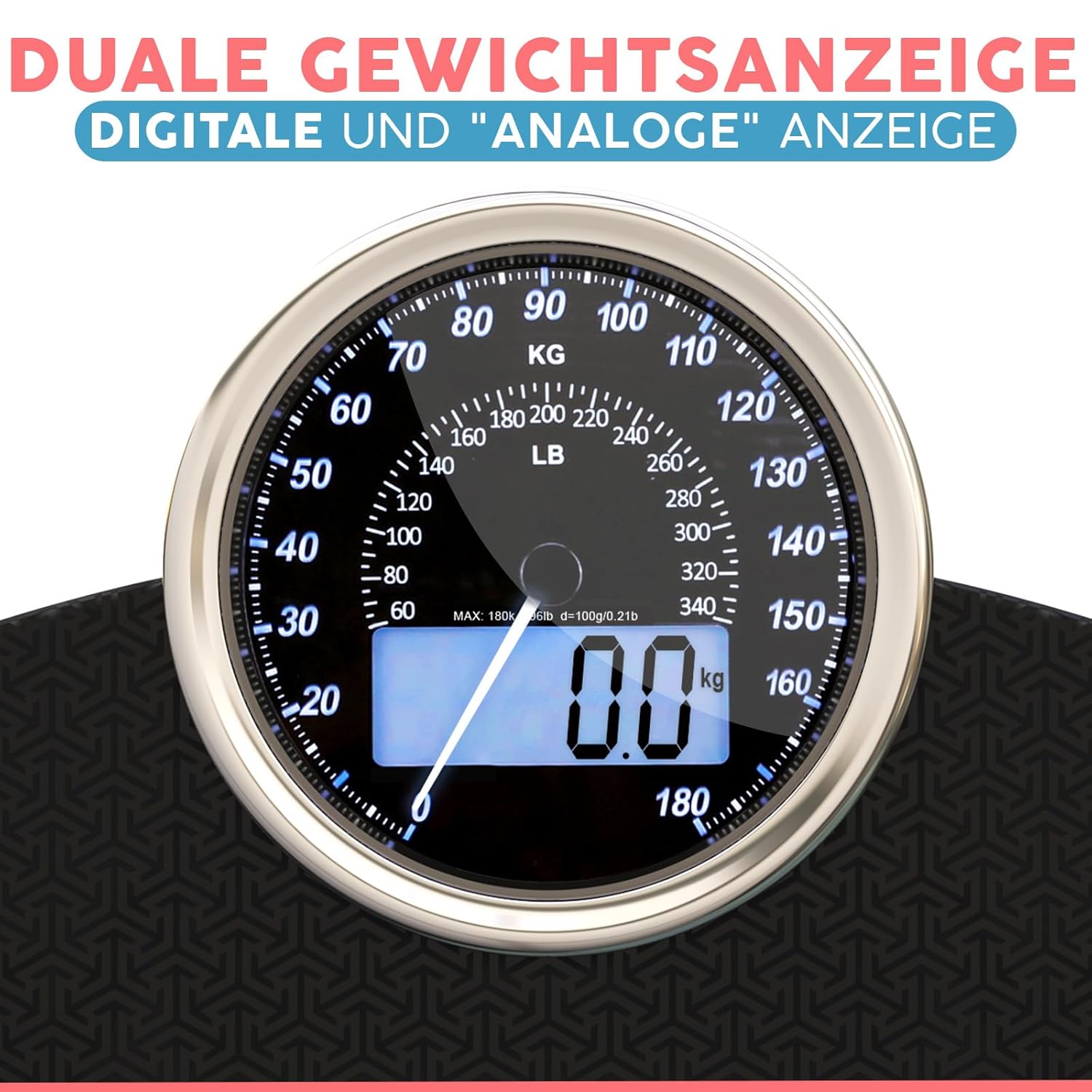 Adamson Hybrid + 2-in-1 digitale und analoge Körperwaage bis 180 kg + dickes gehärtetes Glas + extra großes Display + leicht ablesbare digitale Personenwaage + schwarze Matrix – Bild 3