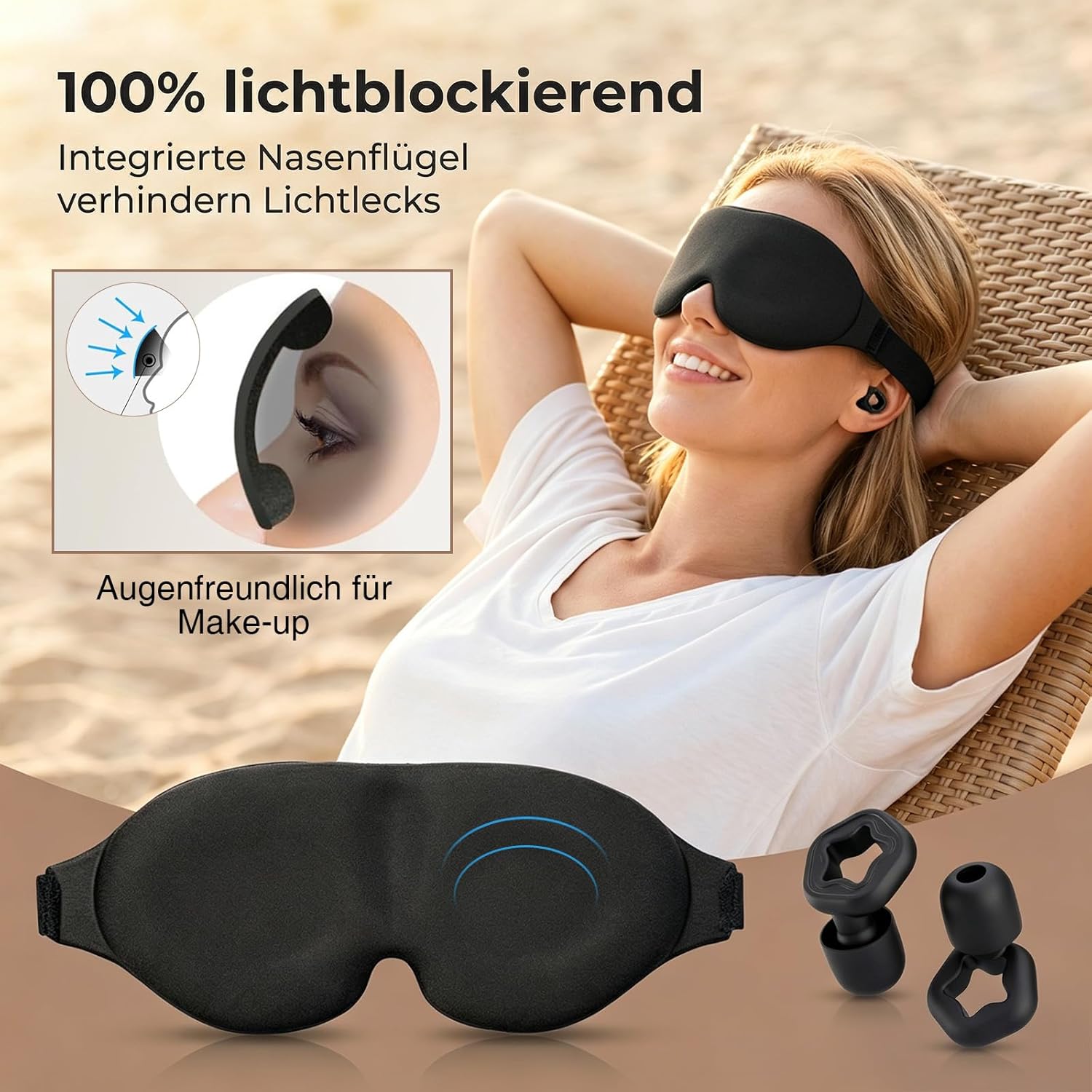 2 Stück Augenmaske Schlafmaske für Herren und Frauen, 3D Lichtblockierende Schlafmaske Bequem Atmungsaktiv Druckfrei mit Verstellbar Gummiband für Reisen, 3 Paar Ohrstöpseln (Schwarz) – Bild 5
