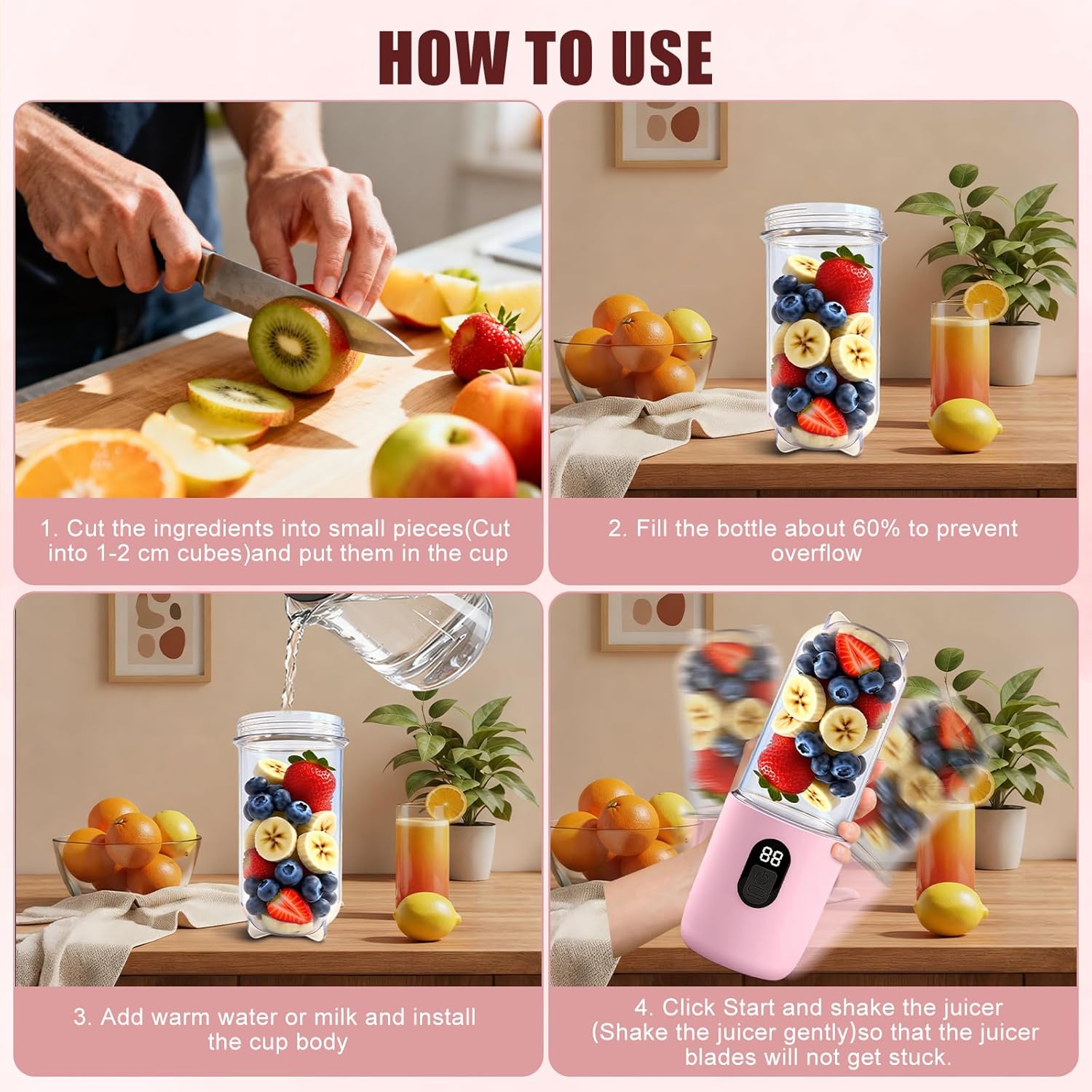 500 ml tragbarer Mixer, Smoothie Maker to Go mit Digitalanzeige, 16 Blatt elektrischer USB-Entsafter, Mini-Mixer für Shakes und Smoothies, für Küche, Reisen, Fitnessstudio, Pink – Bild 6