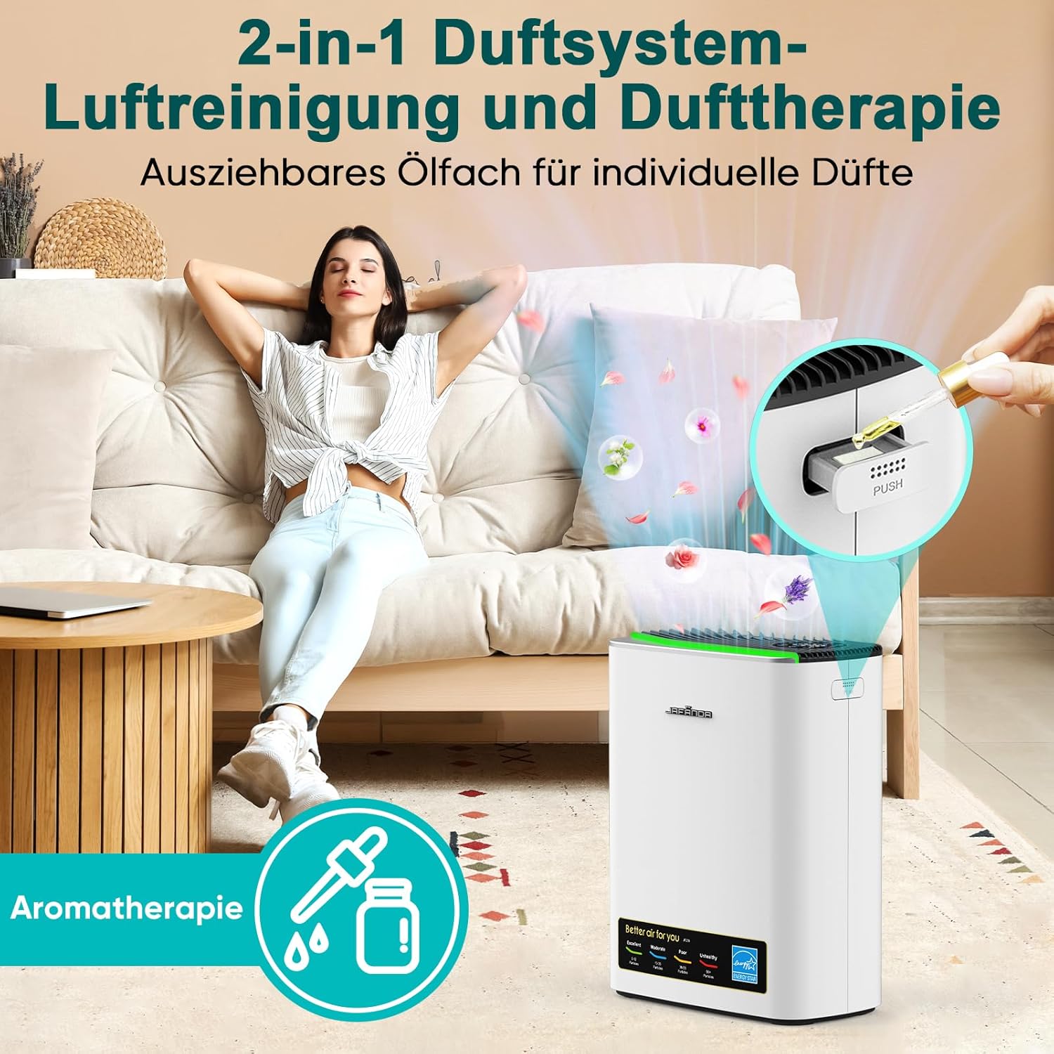 Luftreiniger HEPA für Allergiker, Raumluftreiniger mit Aromatherapie-Diffusor & Aktivkohlefilter, entfernt 99,97 % Schimmel, Staub, Pollen, Luftreiniger CADR 268 m³/h (Silber) – Bild 4