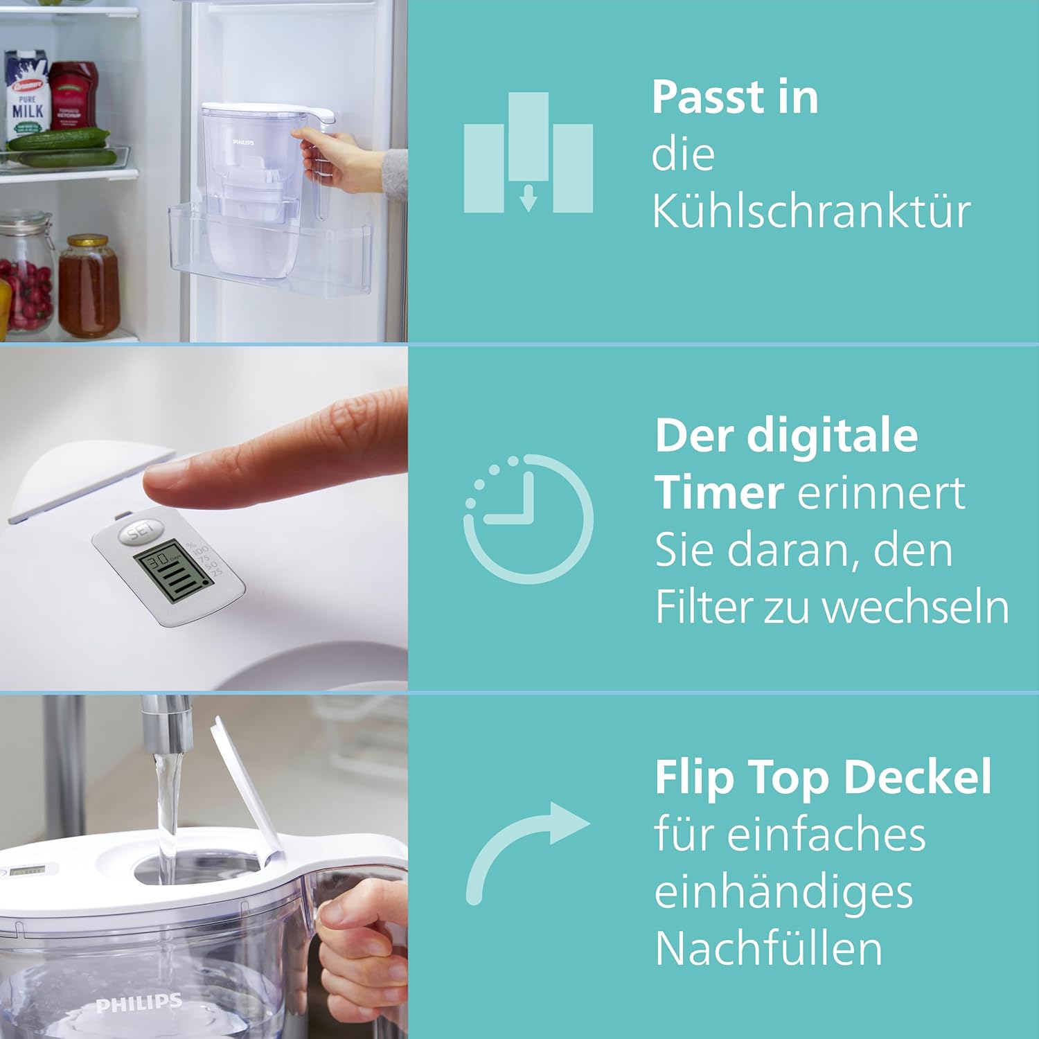 Philips Wasserfilterkanne + 4 Anti-Kalk + Ersatzfilterkartuschen. Elektronischer Timer mit schnellem Durchfluss reduziert die Wasserhärte um bis zu 50 Prozent, 2,6 l – Bild 7