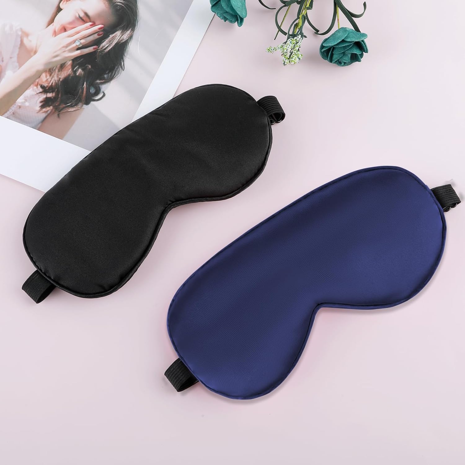 2 Stück Schlafmaske aus Seide, Augenmaske mit verstellbarem Gummiband, lichtblockierende Nachtmaske, hautfreundlich, Seitenschläfer, Schlafmaske für Reisen, Männer, Frauen, Kinder (Schwarz & Marineblau) – Bild 6