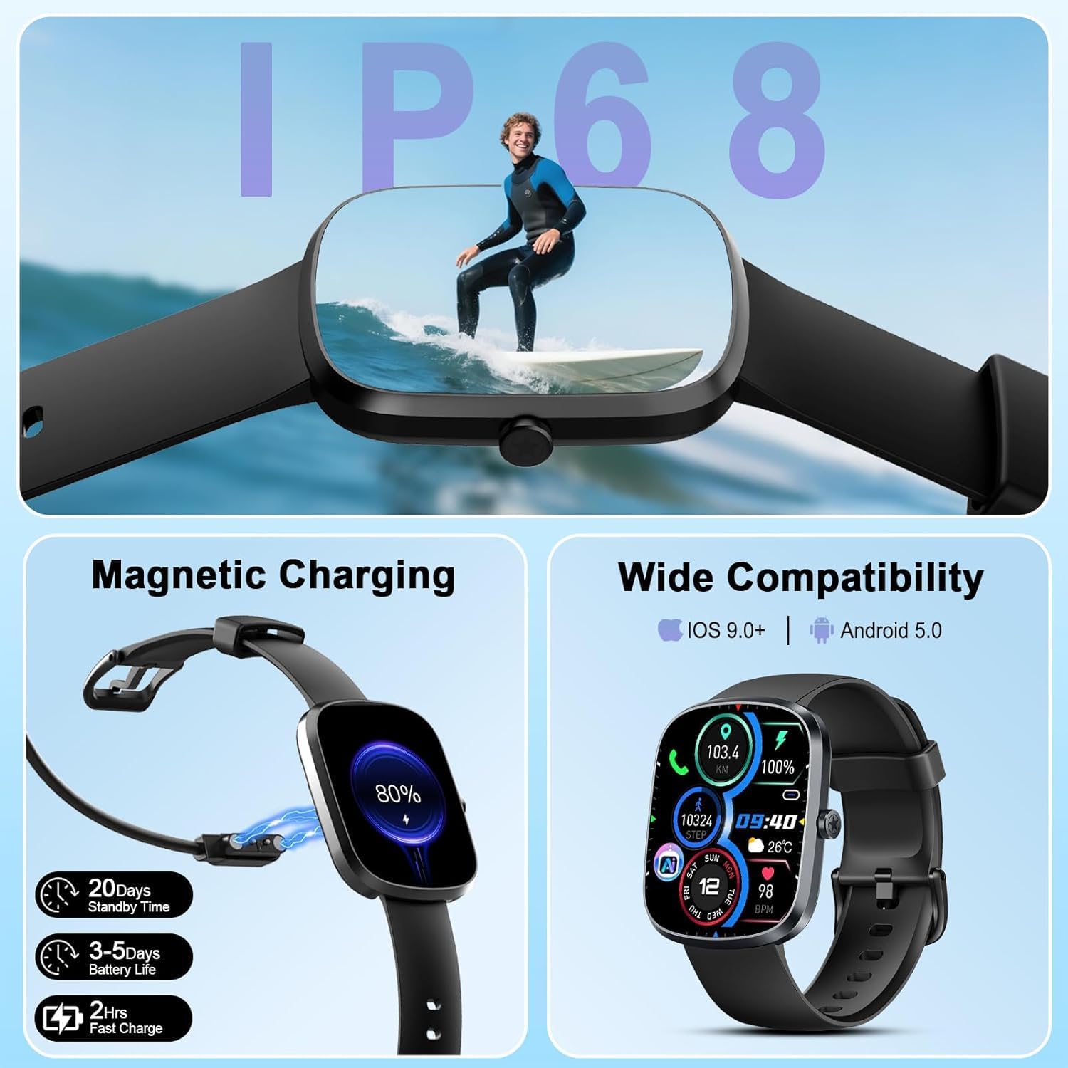 Smartwatch Damen Herren, 1,91 Zoll Smartwatch Bluetooth Anrufe, Fitness Tracker Schrittzähler mit 110+ Sportmodi, Herzfrequenz/SpO2/Schlafmonitor, Fitnessuhr, IP68 wasserdichte Fitnessuhr für Android – Bild 7