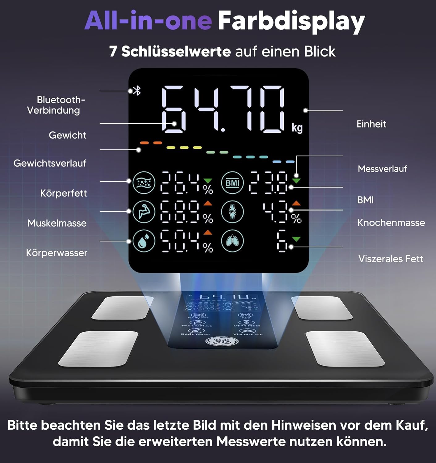 GE Körperfettwaage Smart Scales People: Digitale Waage mit Körperfett und Muskelmasse, 8 Elektroden, Körperfettwaage mit Handsensoren, BMI, Körpergewicht, Muskelmasse-Analysegerät, 180 kg / 400 lbs – Bild 3