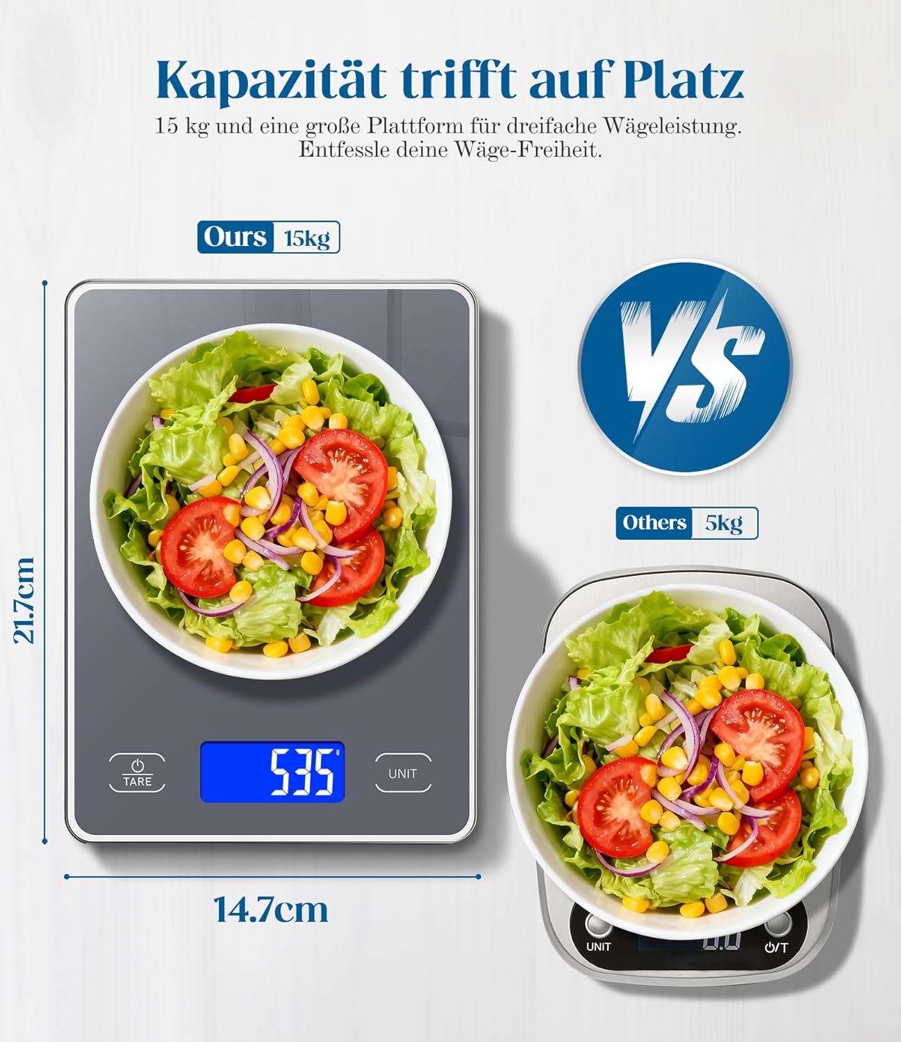 Digitale Küchenwaage mit 15 kg Tragkraft, 5 Einheiten in g/ml/fl'oz, Präzise Küchenwaage mit großem Display, Dual Power (USB-C/Batterie), 1 g hohe Präzision, Tara-Sicherheitsglas zum Backen, Kochen – Bild 2