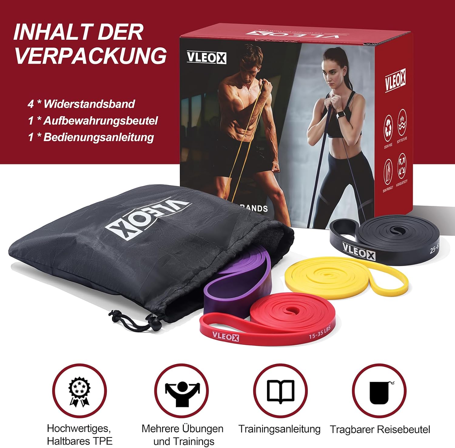 Fitnessbänder, Widerstandsbänder mit 4 Stufen, Widerstandsbänder für Männer und Frauen, Fitnessband-Set, Trainingsbänder für Yoga, Pilates, Training, Krafttraining – Bild 7