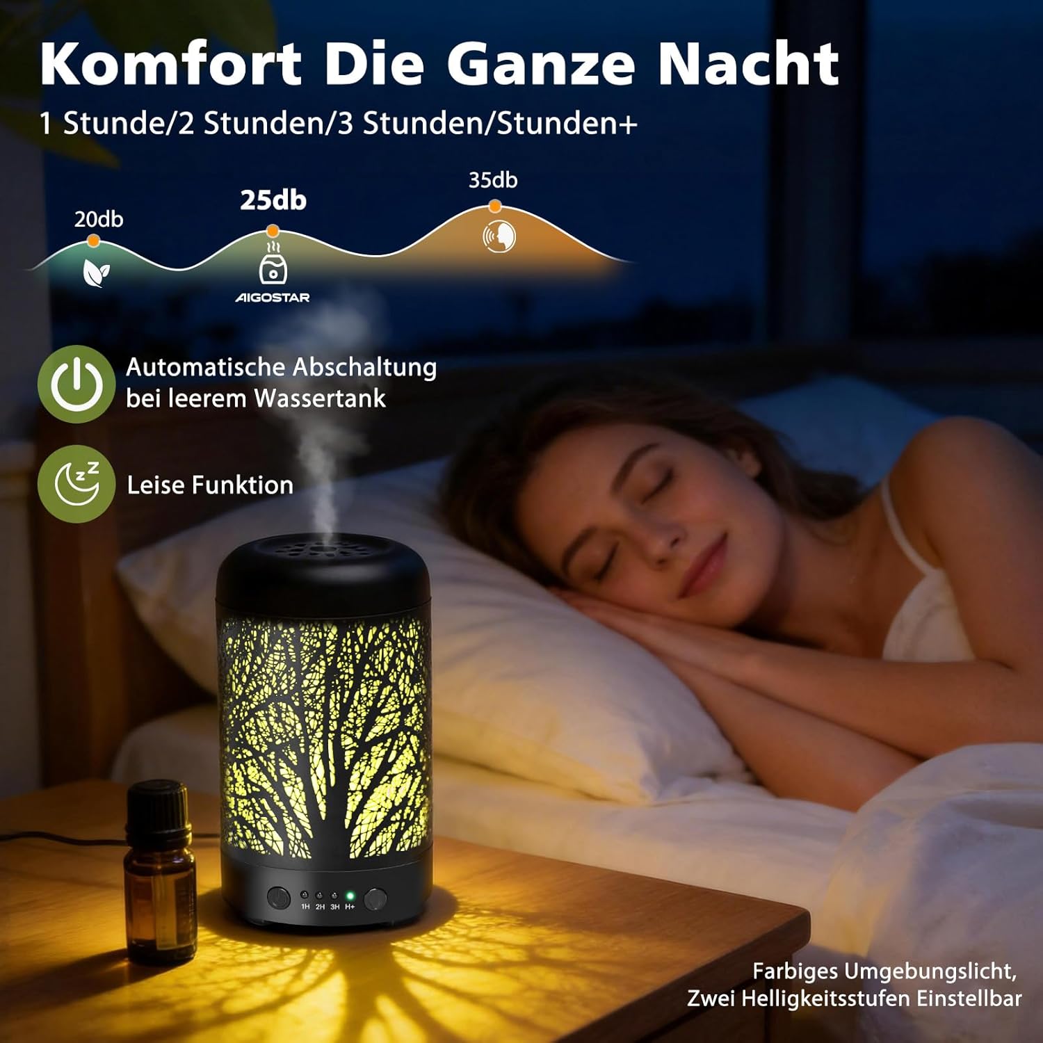 Aigostar Aromadiffusor, Aromatherapie-Diffusor für ätherische Öle, 100 ml Ultraschall-Diffusor, 7-Farben-Beleuchtung, Luftbefeuchter für Schlafzimmer/Büro/Yoga – Bild 3
