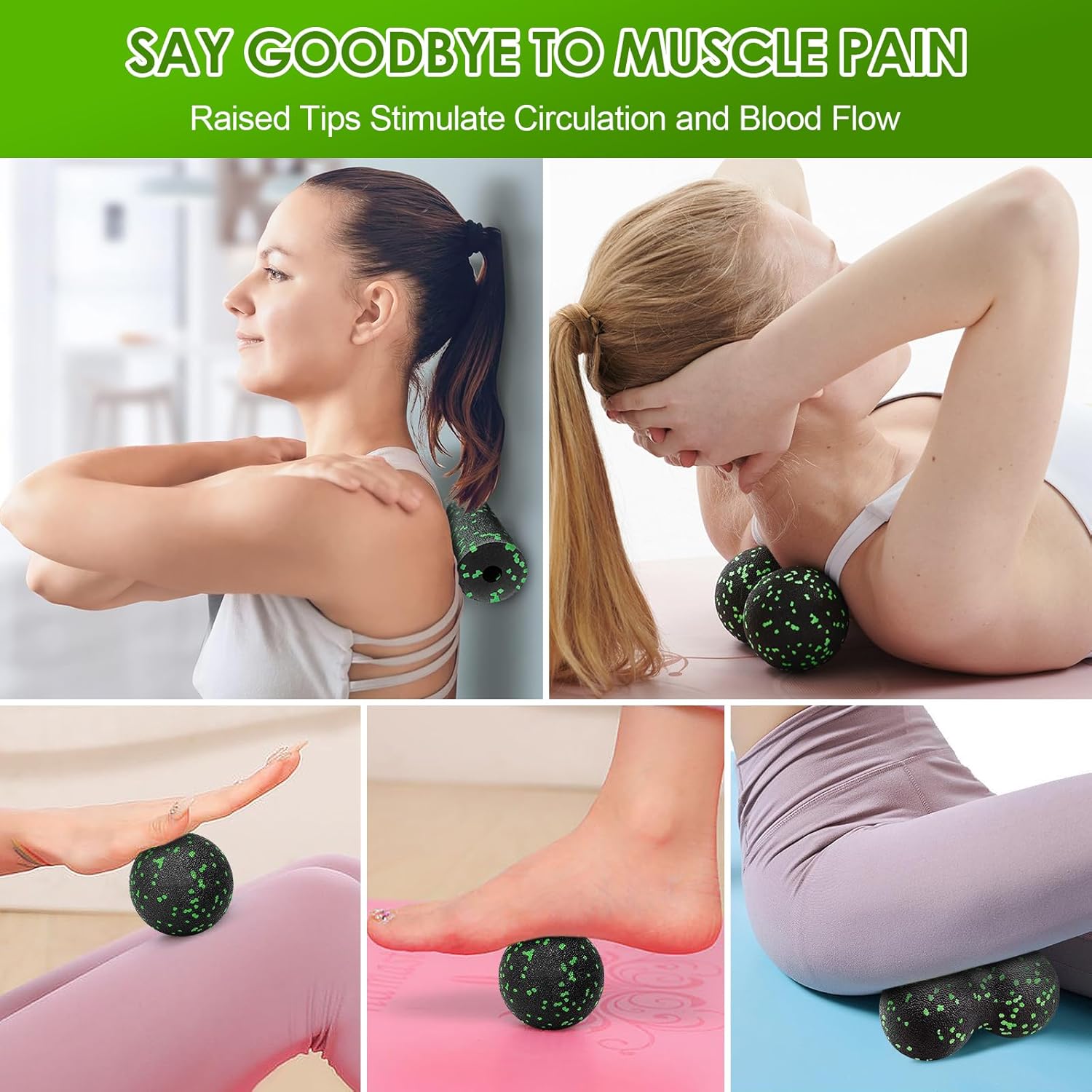 Faszienball und kleine Faszienrolle, Massageball-Set, Stress abbauen und verspannte Muskeln entspannen, Duoball für Wirbelsäule, Fuß, Nacken und Rücken (grün) – Bild 6