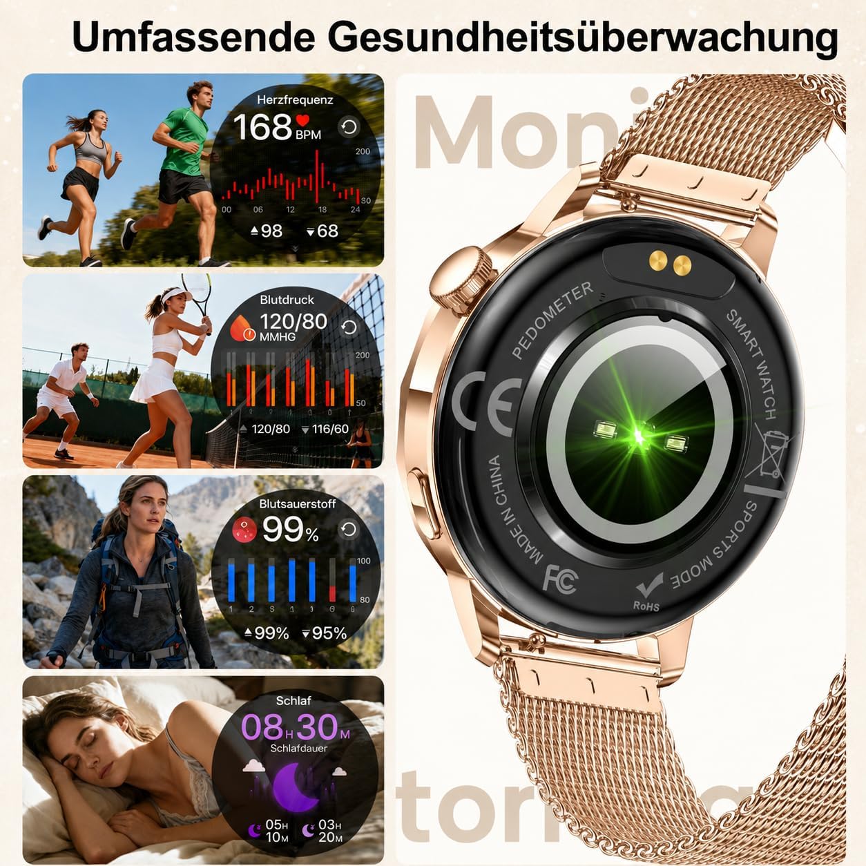 Efolen Damen Runde Smartwatch 1,27 Zoll HD Smartwatch mit Telefonfunktion, 120+ Sportmodi, IP68 wasserdichte Fitnessuhr mit Herzfrequenz-SpO2-Schlafmonitor, Fitness-Tracker für Android iOS Roségold – Bild 5