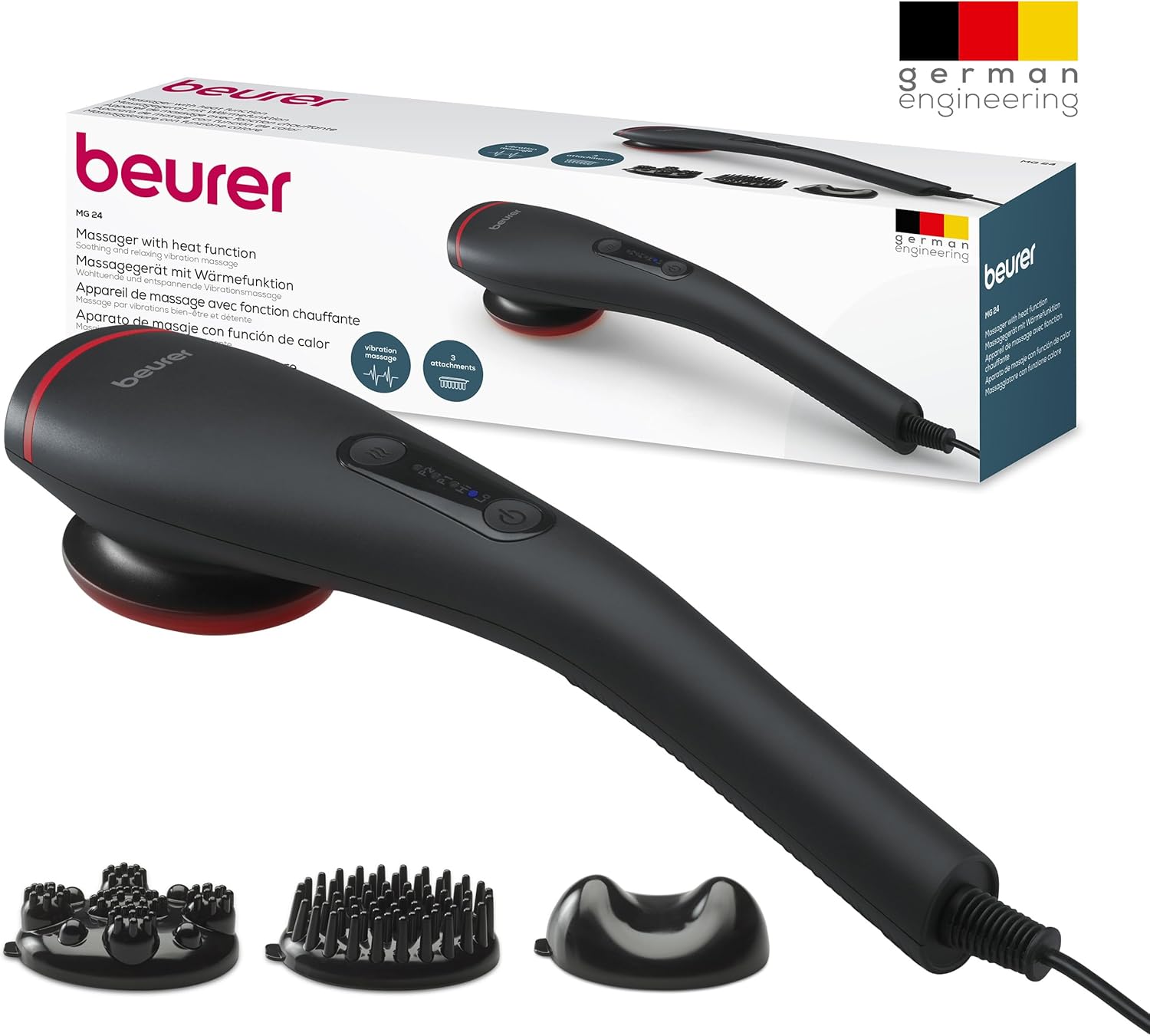 Beurer MG 24 Vibrationsmassagegerät, 2 wohltuende Massageprogramme und 2 Intensitätsstufen für ideale Entspannung, 3 Massageaufsätze, am ganzen Körper anwendbar, schwarz – Bild 5