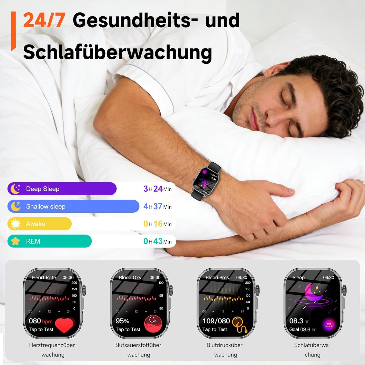 Smartwatch Herren Damen EKG/BI Harnsäure/BMI/HRV/LED-Licht, 2,0 Zoll Gesundheitsuhr mit 24H Druckmessung SpO2 Herzfrequenzmonitor Körpertemperatur Schlafmonitor SOS Notruf Fitnessuhr für – Bild 4