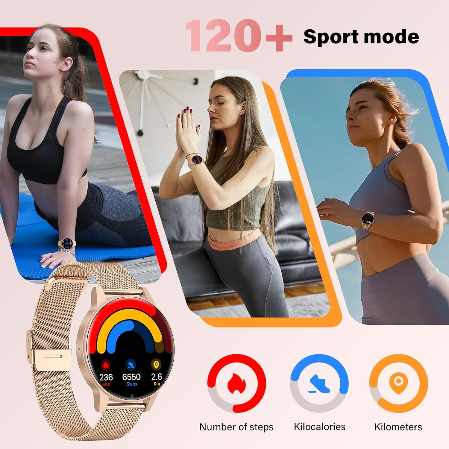 SLOKSFil Damen Kleine Smartwatch mit Telefonfunktion, 1,27 Zoll TFT Touchscreen Fitness Tracker mit 24/7 Herzfrequenzmesser Schlafmonitor 120+ Sportmodi Schrittzähler Smart Watch rund für iOS/Android (Roségold) – Bild 3