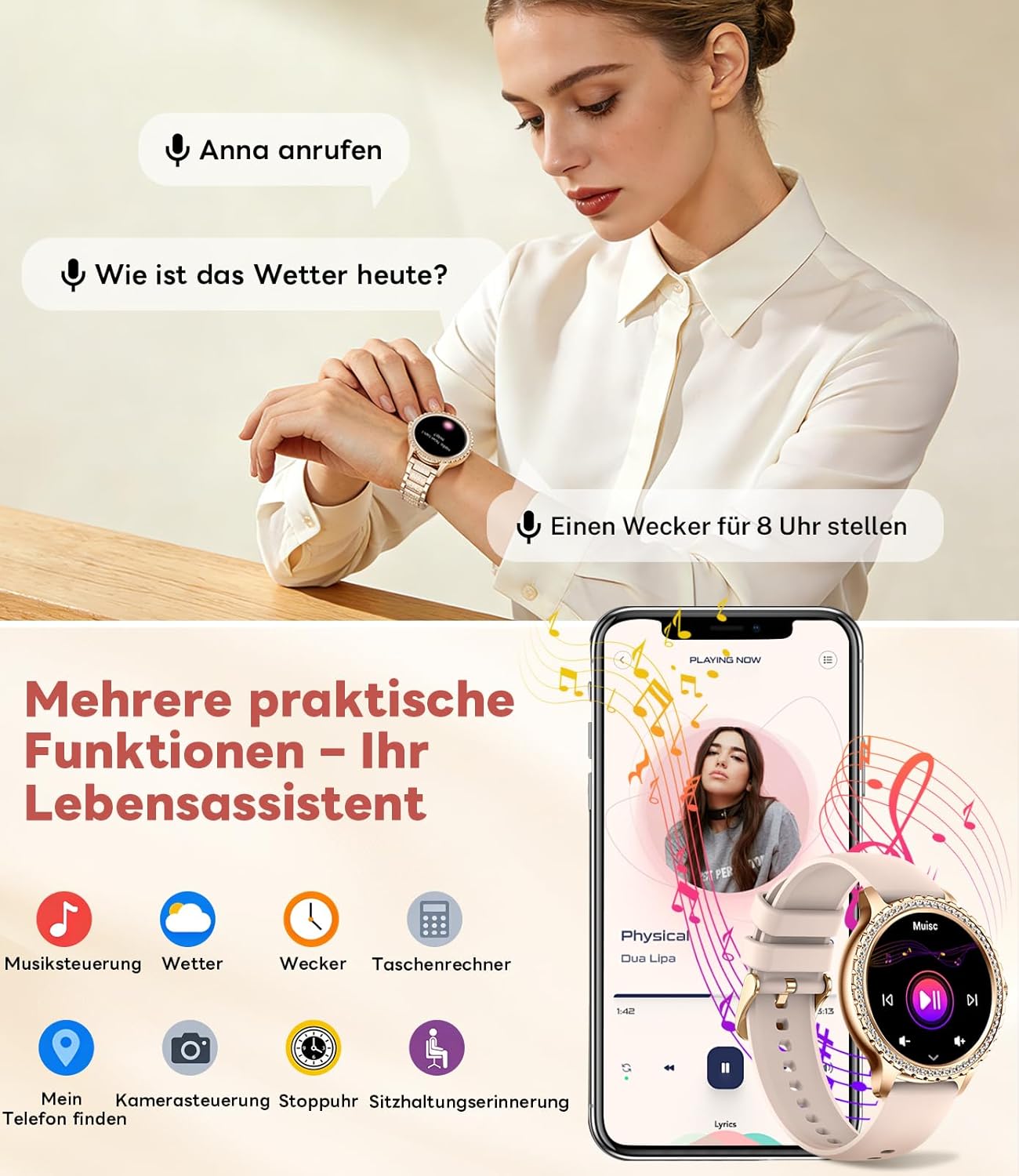 Damen-Smartwatch mit Telefonfunktion, 1,32-Zoll-Uhr mit Diamanten, Fitnessuhr für Android iOS, Menstruationszyklus/Herzfrequenz/Schrittzähler, 500+ Zifferblätter, 2 Armbänder, Roségold – Bild 3